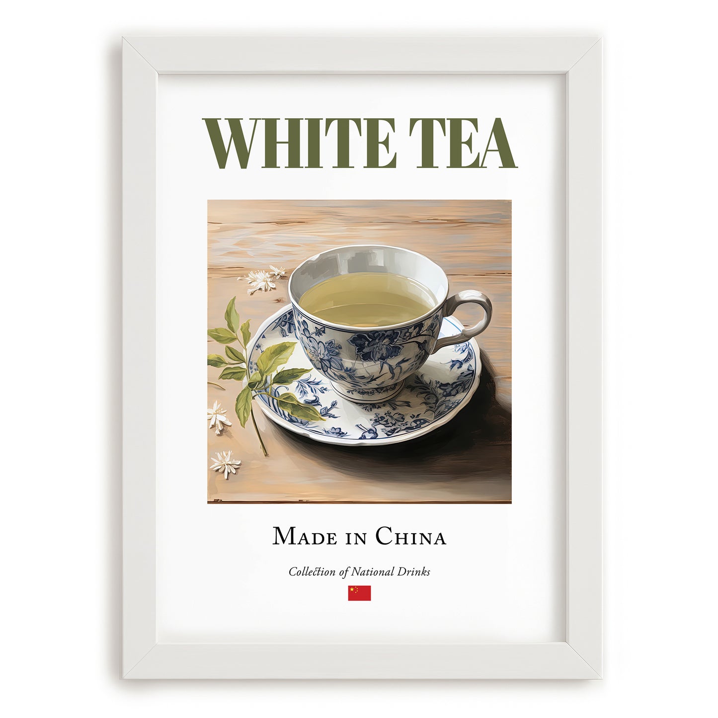 White Tea – Chinese Tea, Tea Room Wall Decor, placed in minimal white frame