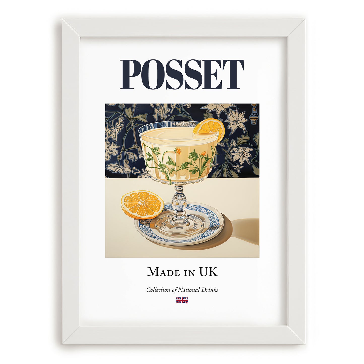 Posset – English Dessert Dish, Bistro Illustration, placed in minimal white frame
