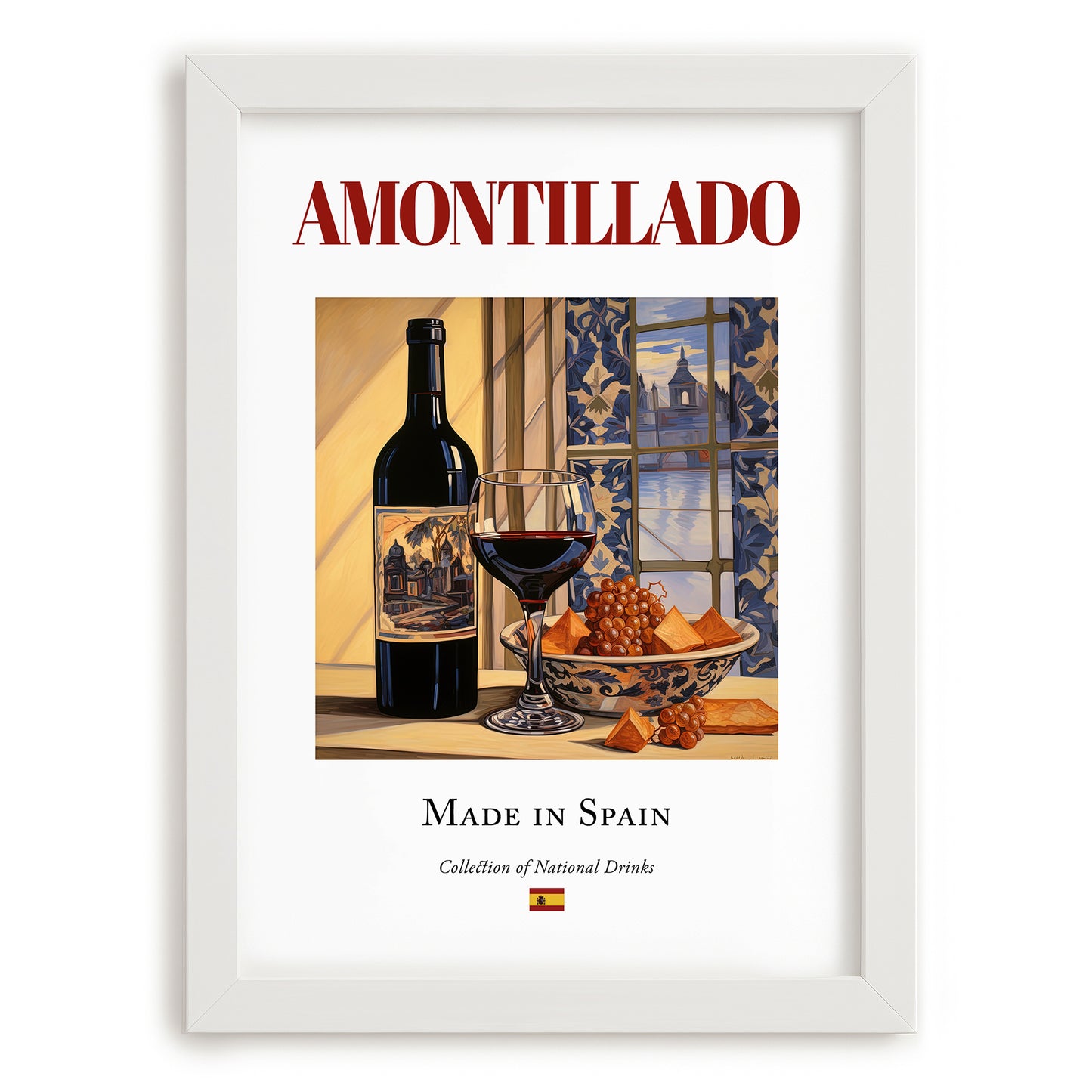 Amontillado – Spanish Dessert Wine, Wine Bar Poster, placed in minimal white frame