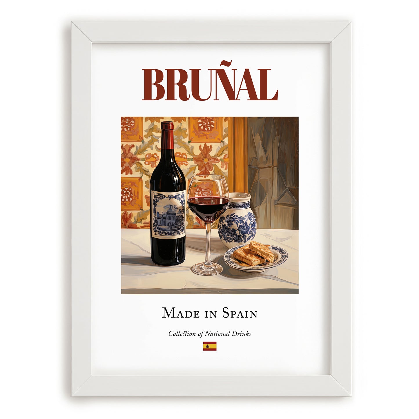 Bruñal – Spanish Red Wine, Vineyard Terrace Wall Decor, placed in minimal white frame