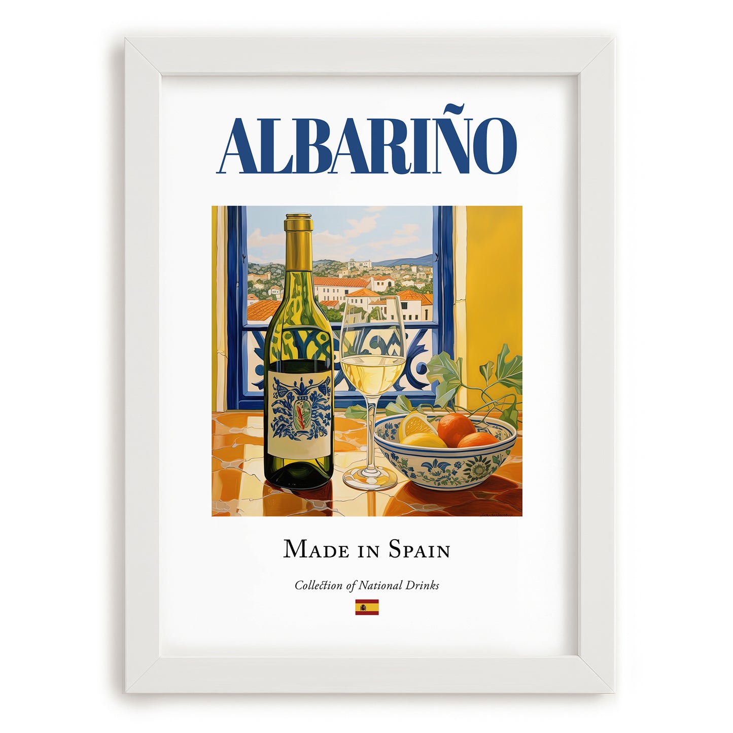 Albariño – Spanish White Wine, Vinoteca Wall Art, placed in minimal white frame