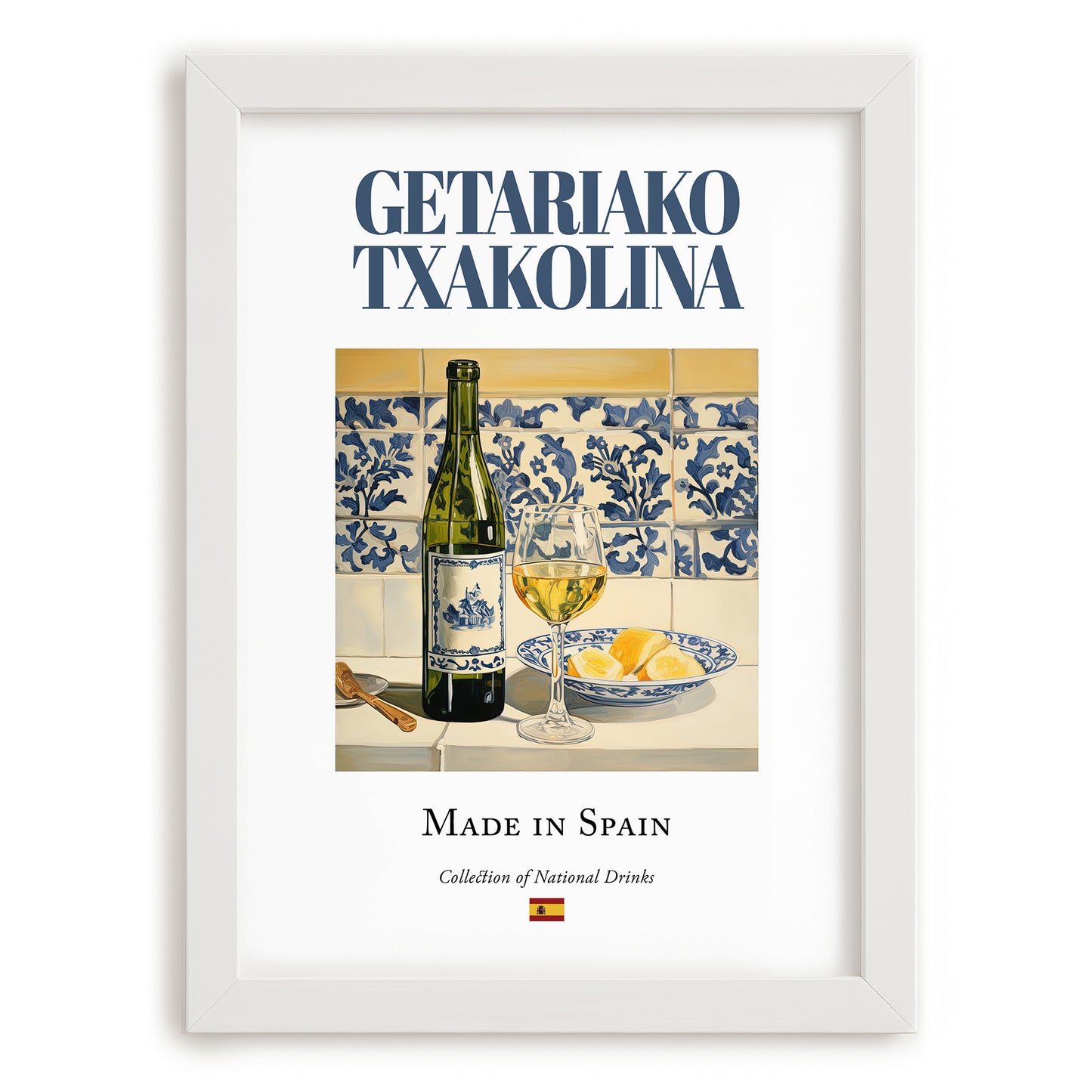 Getariako Txakolina – Spanish White Wine, Vineyard Terrace Painting, placed in minimal white frame