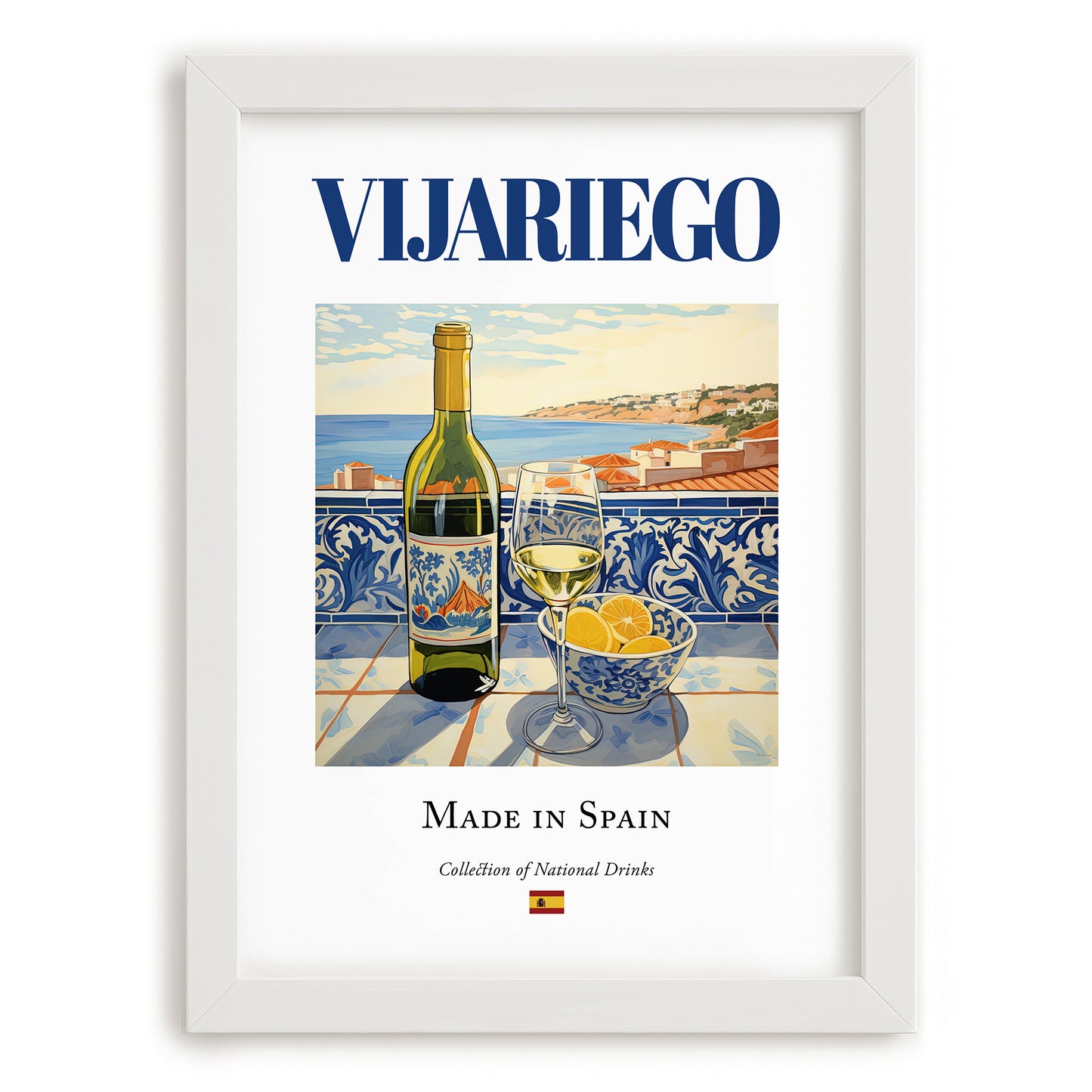 Vijariego – Spanish White Wine, Vinoteca Wall Art, placed in minimal white frame