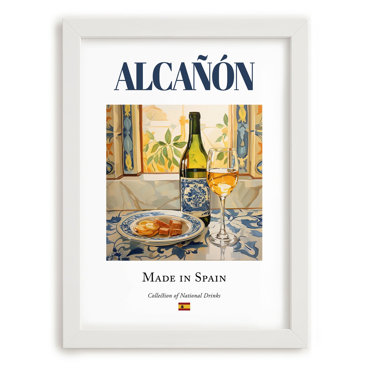 Alcañón – Spanish White Wine, Bodega Wall Art, placed in minimal white frame