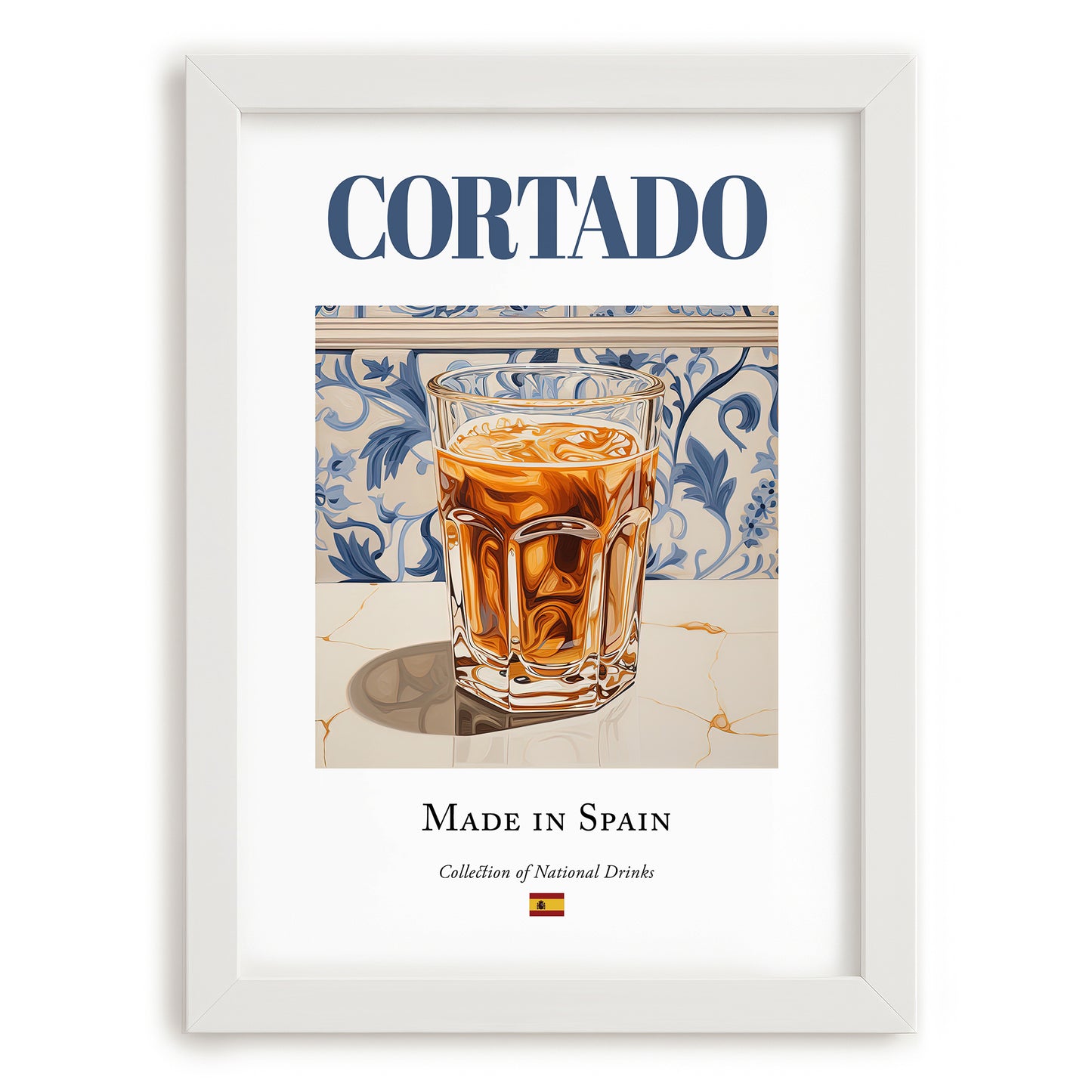 Cortado – Spanish Coffee, Espresso Bar Print, placed in minimal white frame