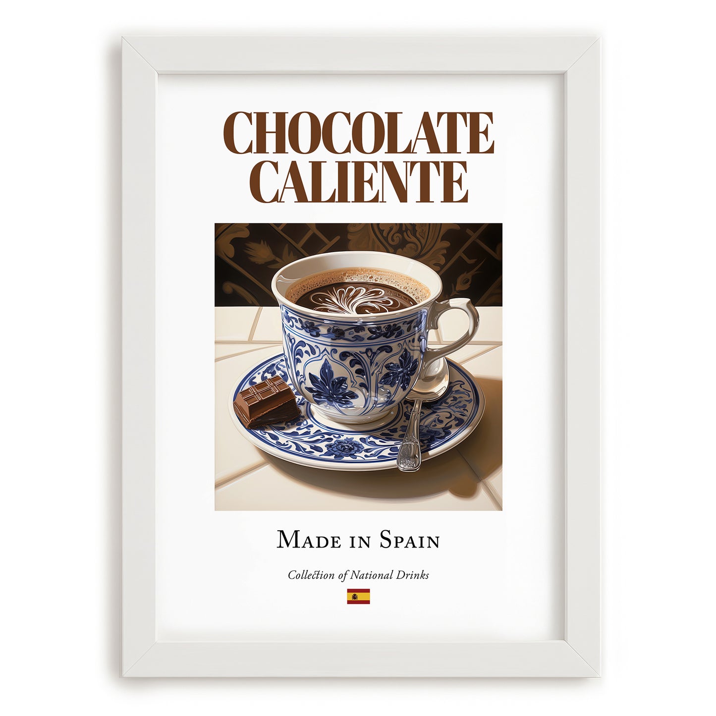 Chocolate caliente – Spanish Beverage Drink, Beach Bar Still Life, placed in minimal white frame