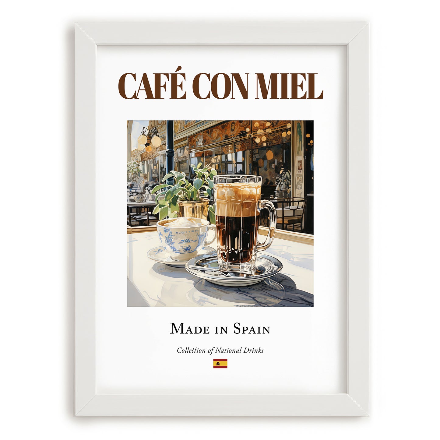 Café con miel – Spanish Coffee, Book Café Wall Decor, placed in minimal white frame