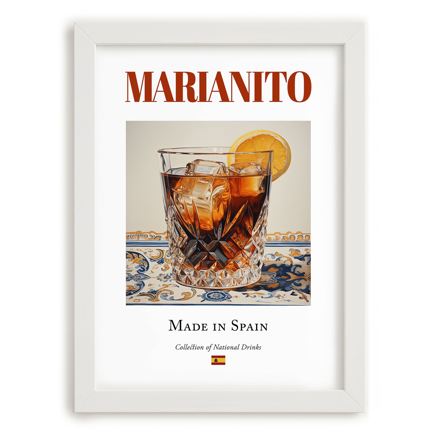 Marianito – Spanish Cocktail Drink, Beach Bar Painting, placed in minimal white frame