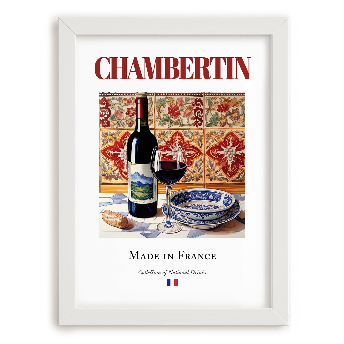 Chambertin – French Red Wine, Wine Bar Painting, placed in minimal white frame