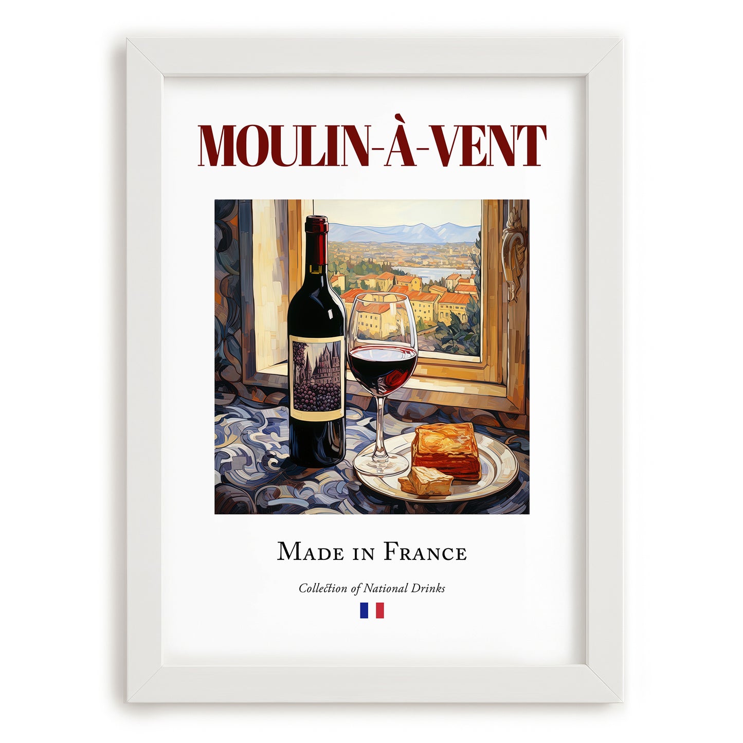 Moulin-à-Vent – French Red Wine, Wine Bar Still Life, placed in minimal white frame