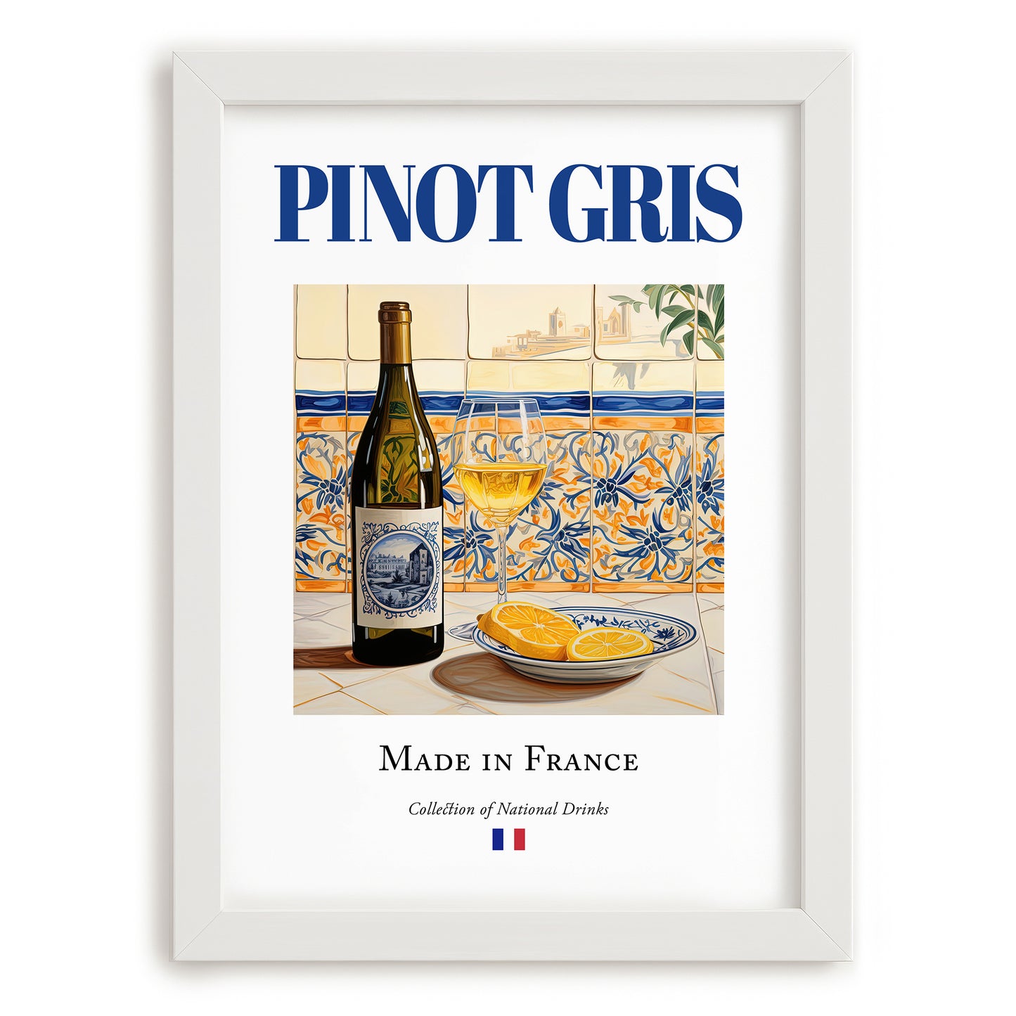 Pinot Gris – French White Wine, Tasting Room Still Life, placed in minimal white frame