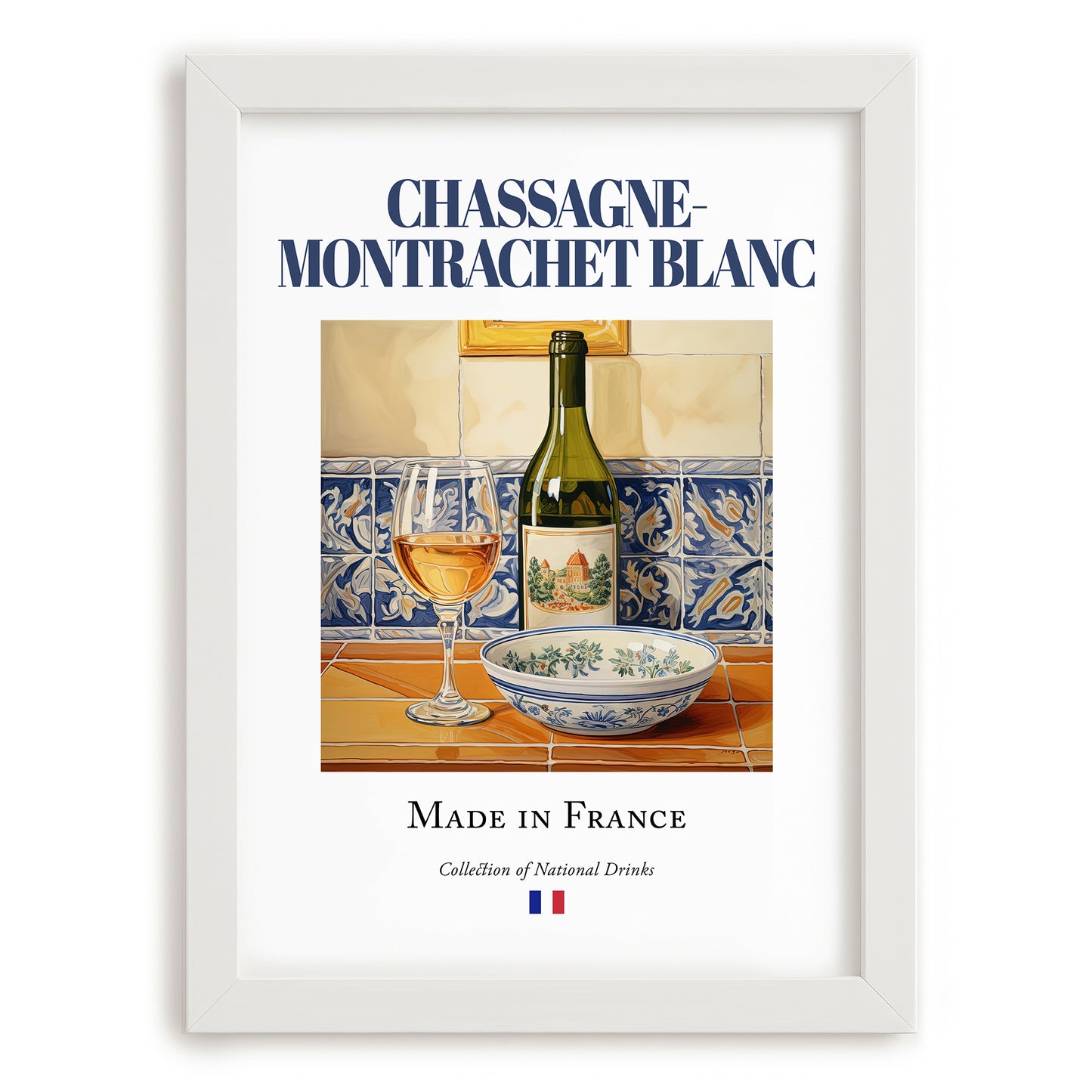 Chassagne-Montrachet blanc – French White Wine, Vinoteca Poster, placed in minimal white frame