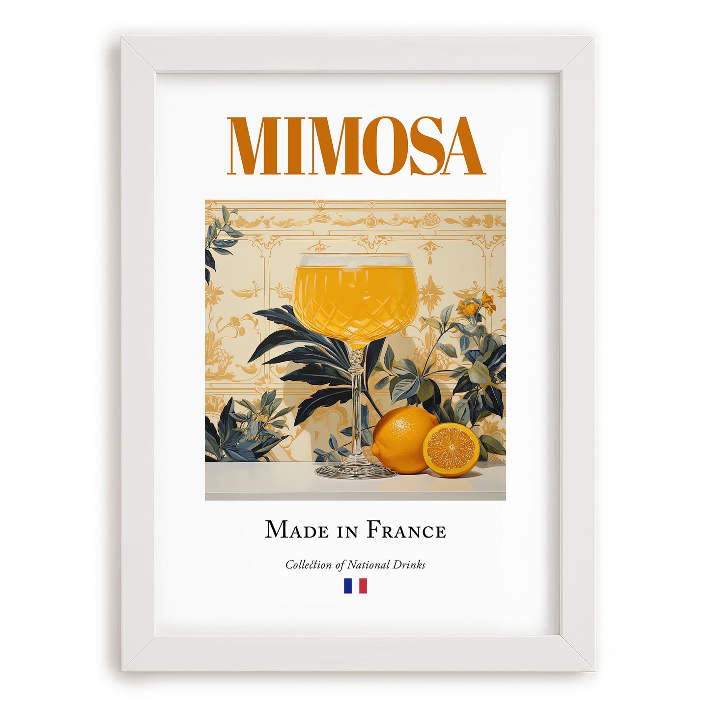 Mimosa – French Cocktail Drink, Beach Bar Art, placed in minimal white frame