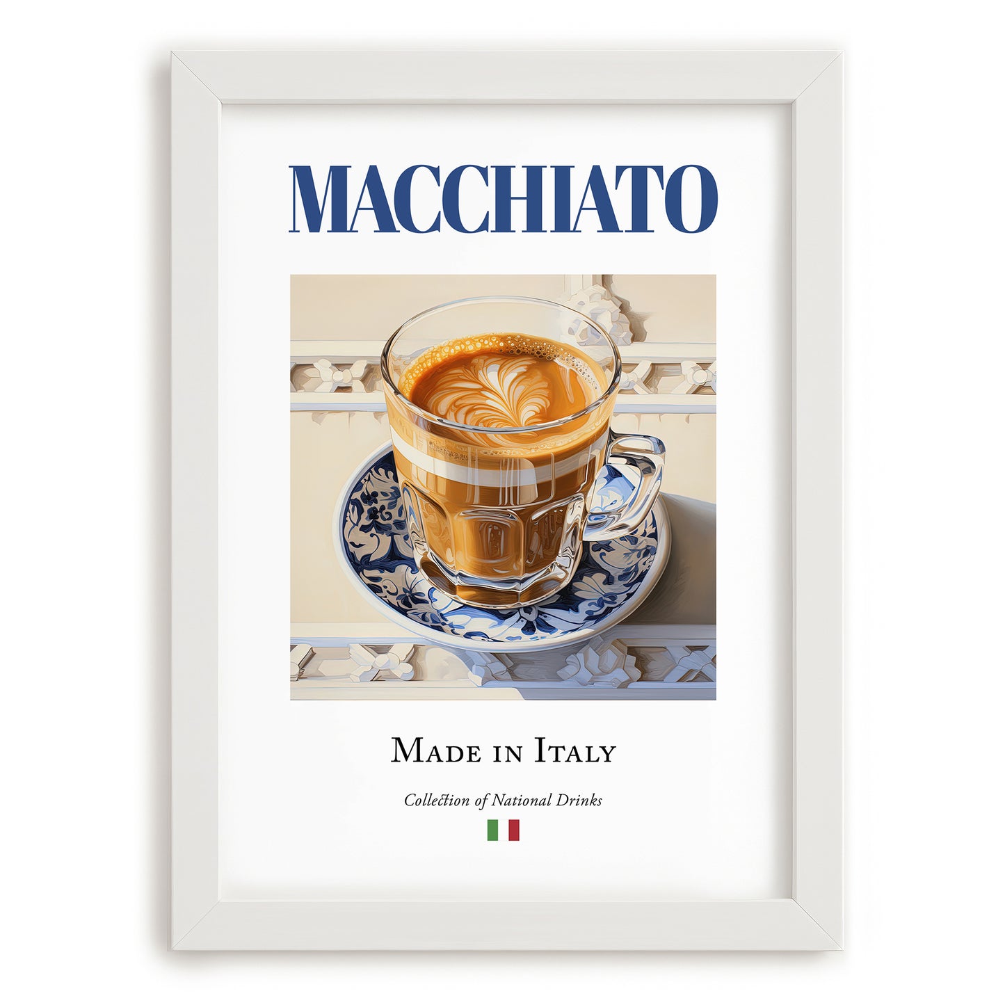 Macchiato – Italian Coffee, Book Café Wall Decor, placed in minimal white frame