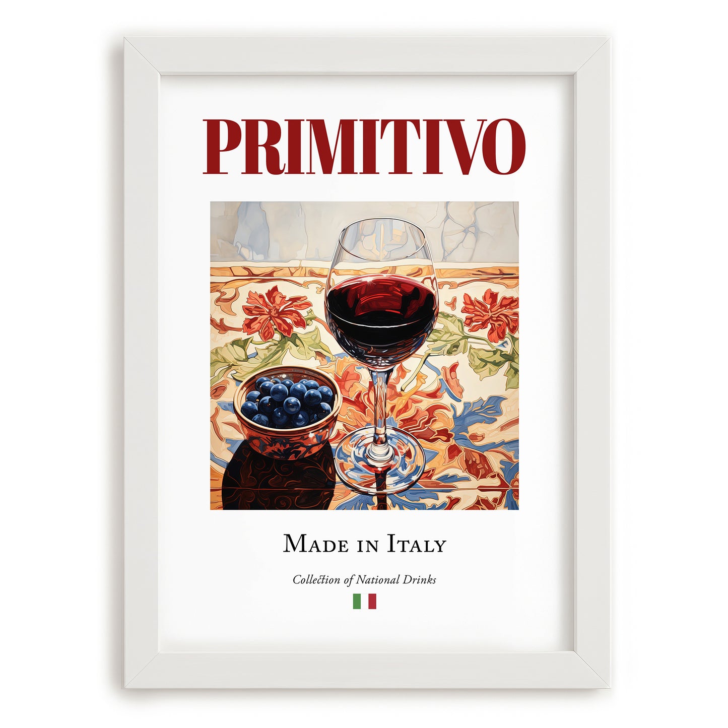 Primitivo – Italian Red Wine, Vinoteca Wall Art, placed in minimal white frame
