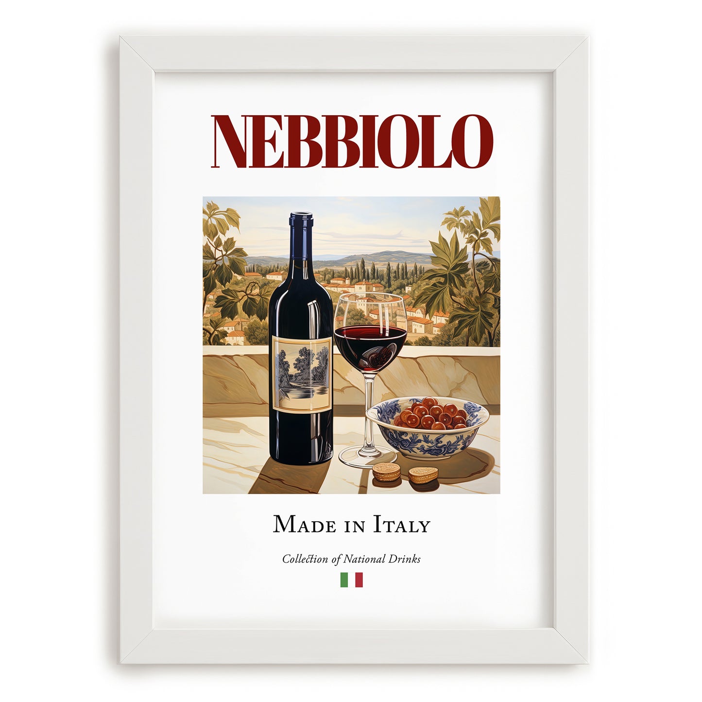 Nebbiolo – Italian Red Wine, Wine Bar Poster, placed in minimal white frame
