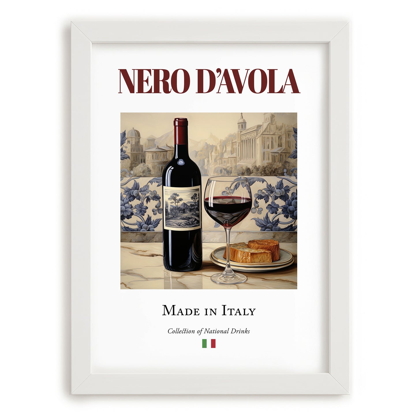 Nero d’Avola – Italian Red Wine, Enoteca Wall Art, placed in minimal white frame