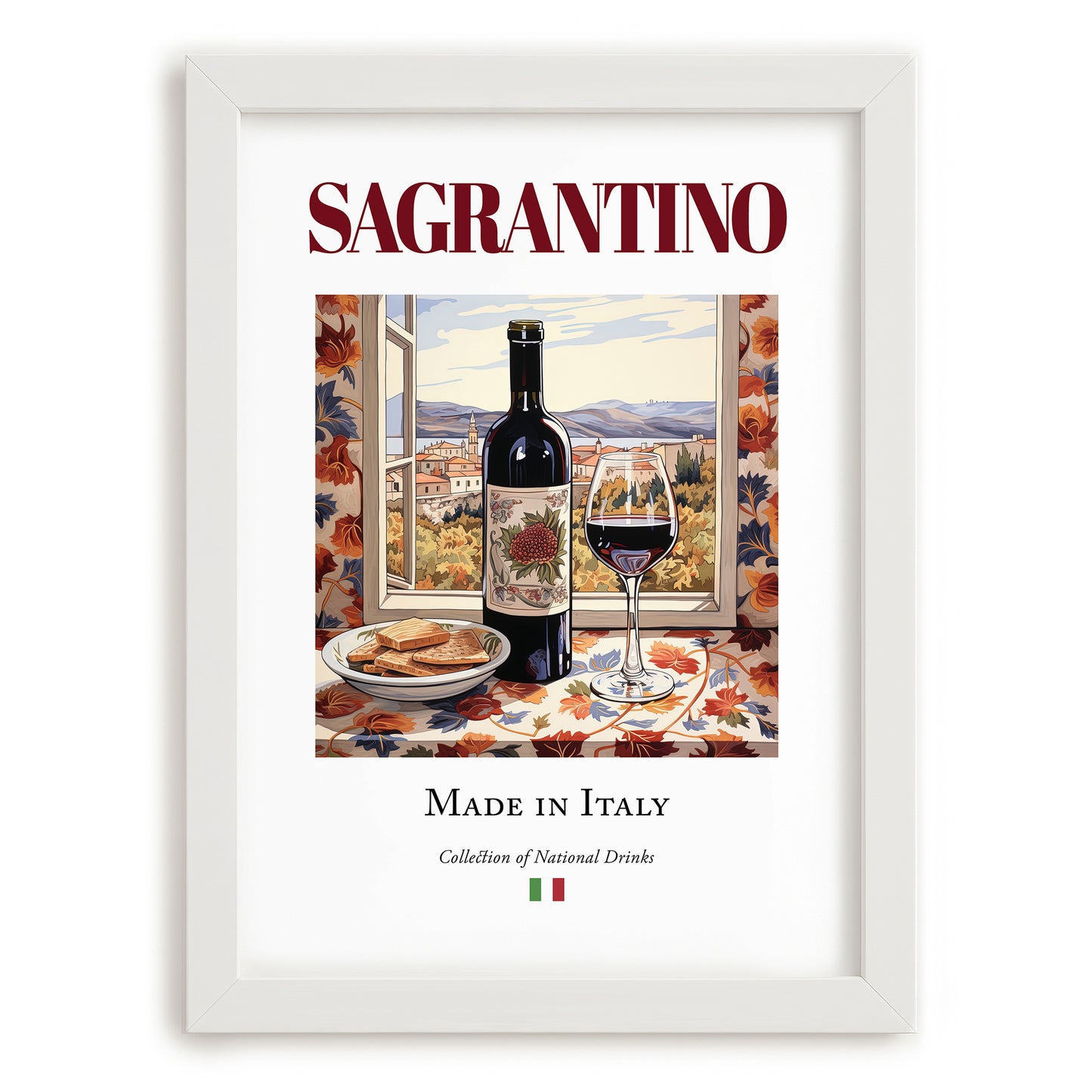 Sagrantino – Italian Red Wine, Wine Bar Wall Art, placed in minimal white frame