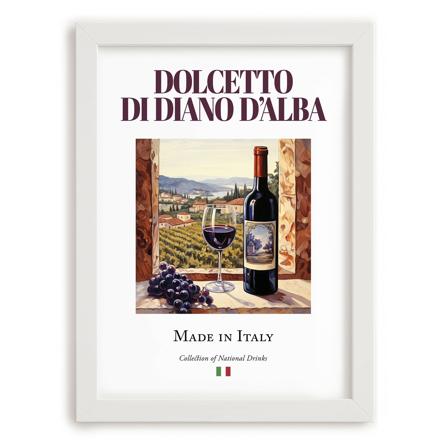 Dolcetto di Diano d’Alba – Italian Red Wine, Vineyard Terrace Painting, placed in minimal white frame