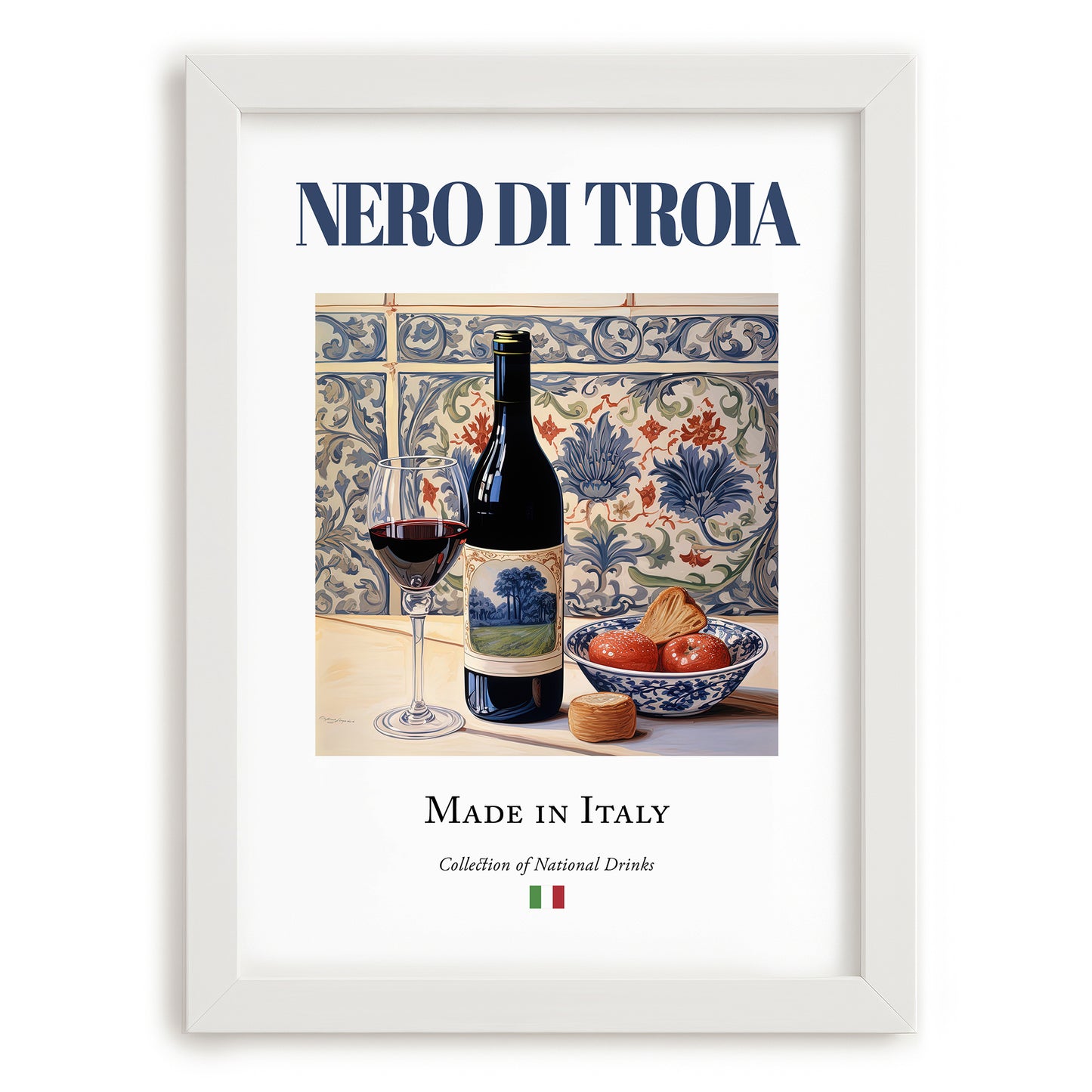 Nero di Troia – Italian Red Wine, Vineyard Terrace Wall Art, placed in minimal white frame
