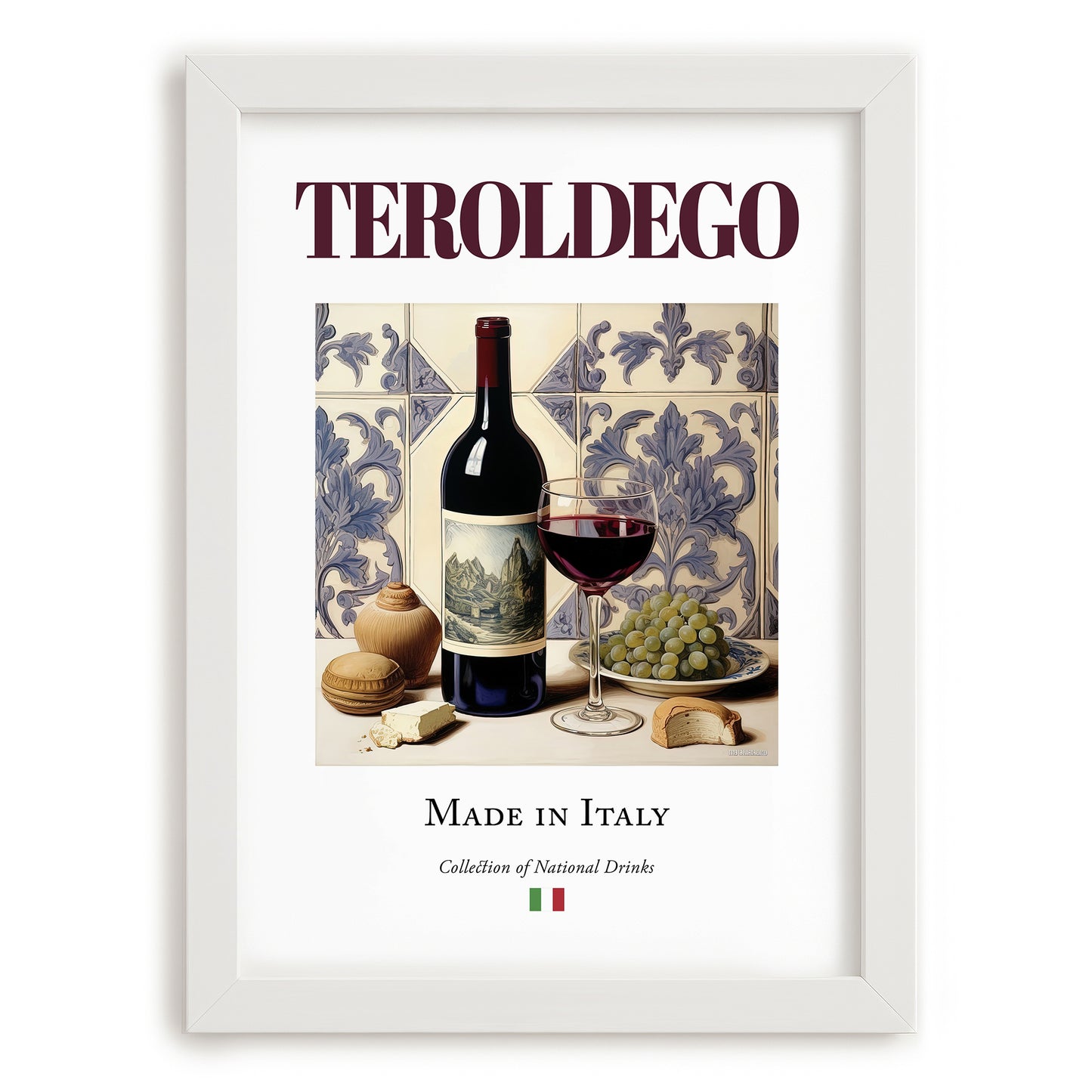 Teroldego – Italian Red Wine, Enoteca Still Life, placed in minimal white frame