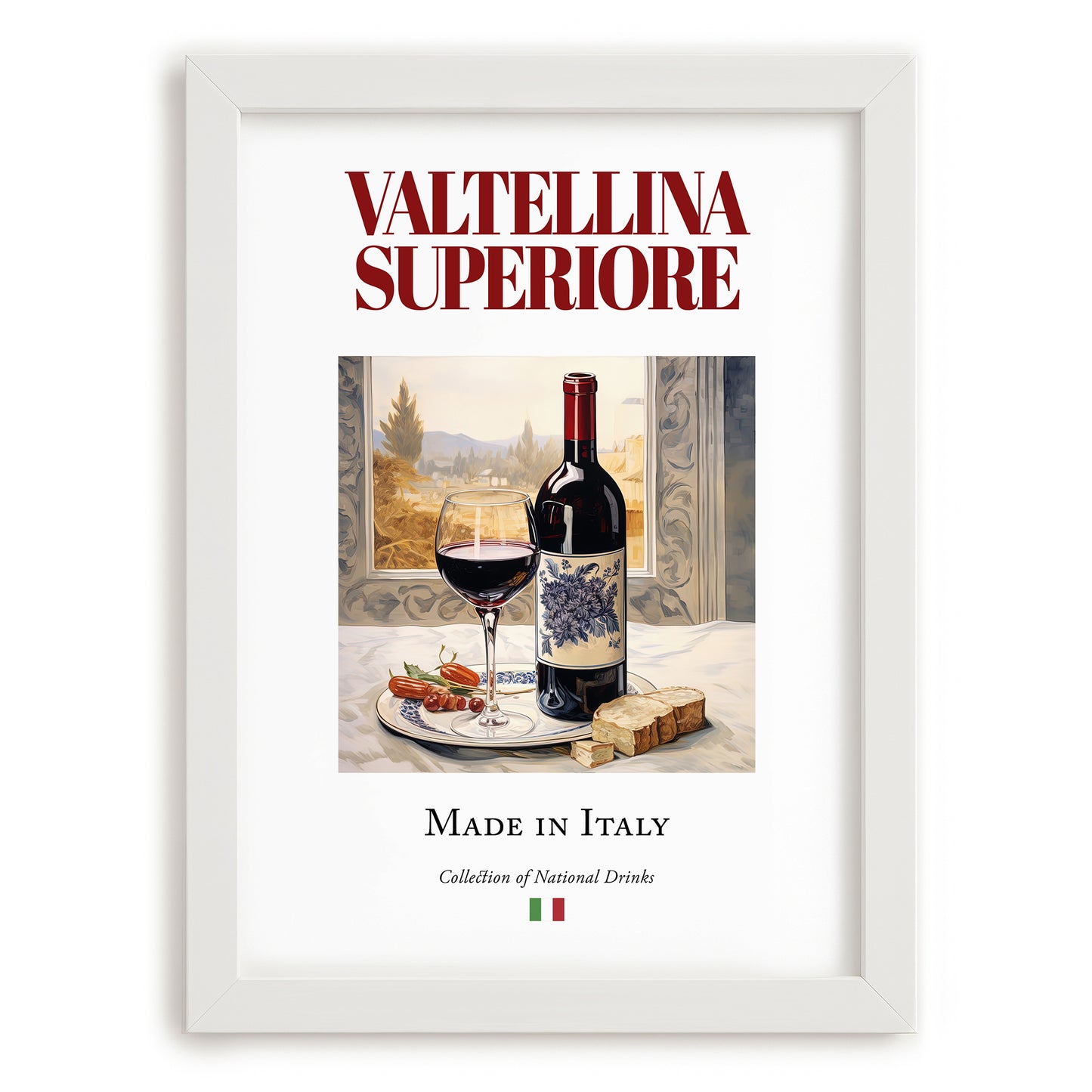 Valtellina Superiore – Italian Red Wine, Tasting Room Illustration, placed in minimal white frame