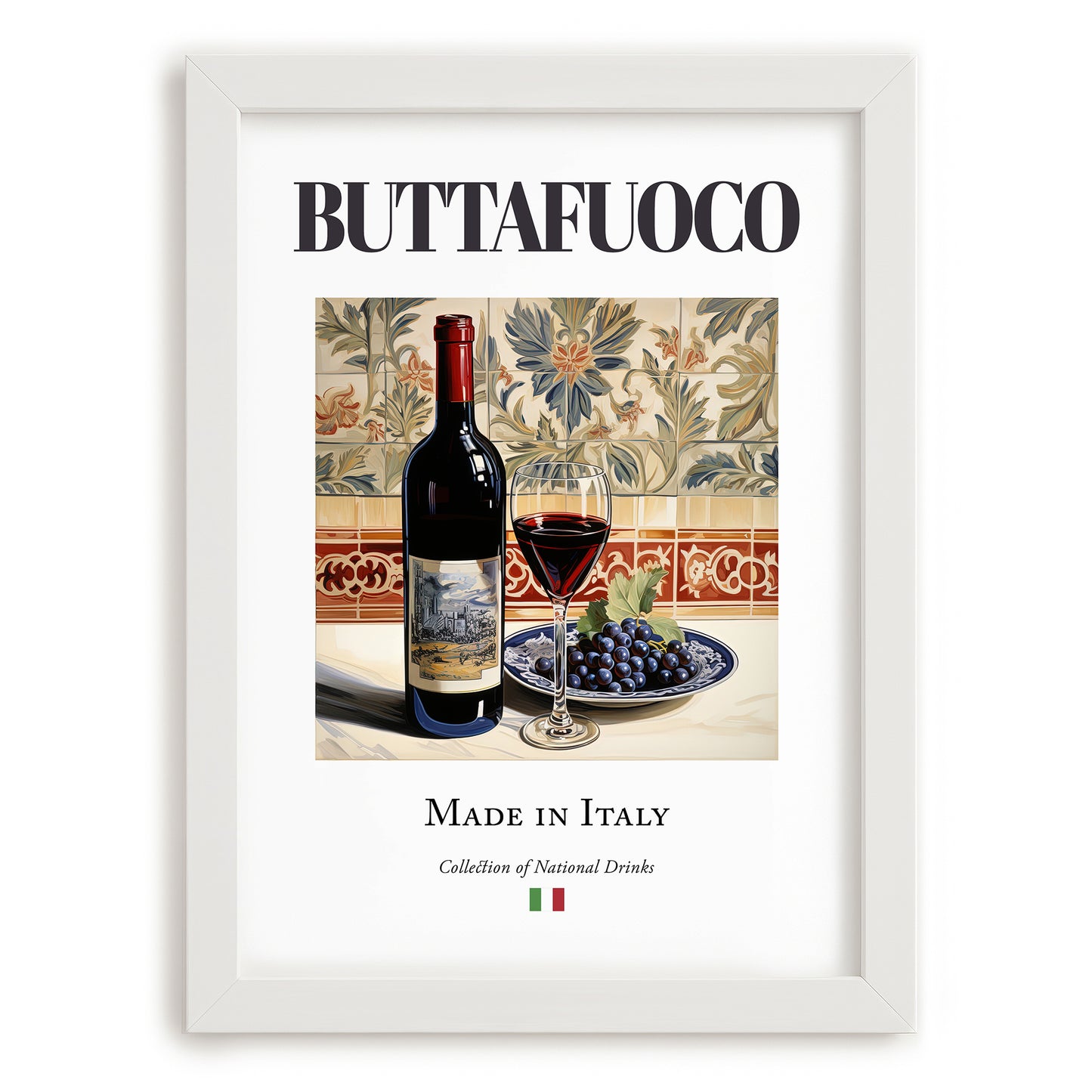 Buttafuoco – Italian Red Wine, Bodega Print, placed in minimal white frame