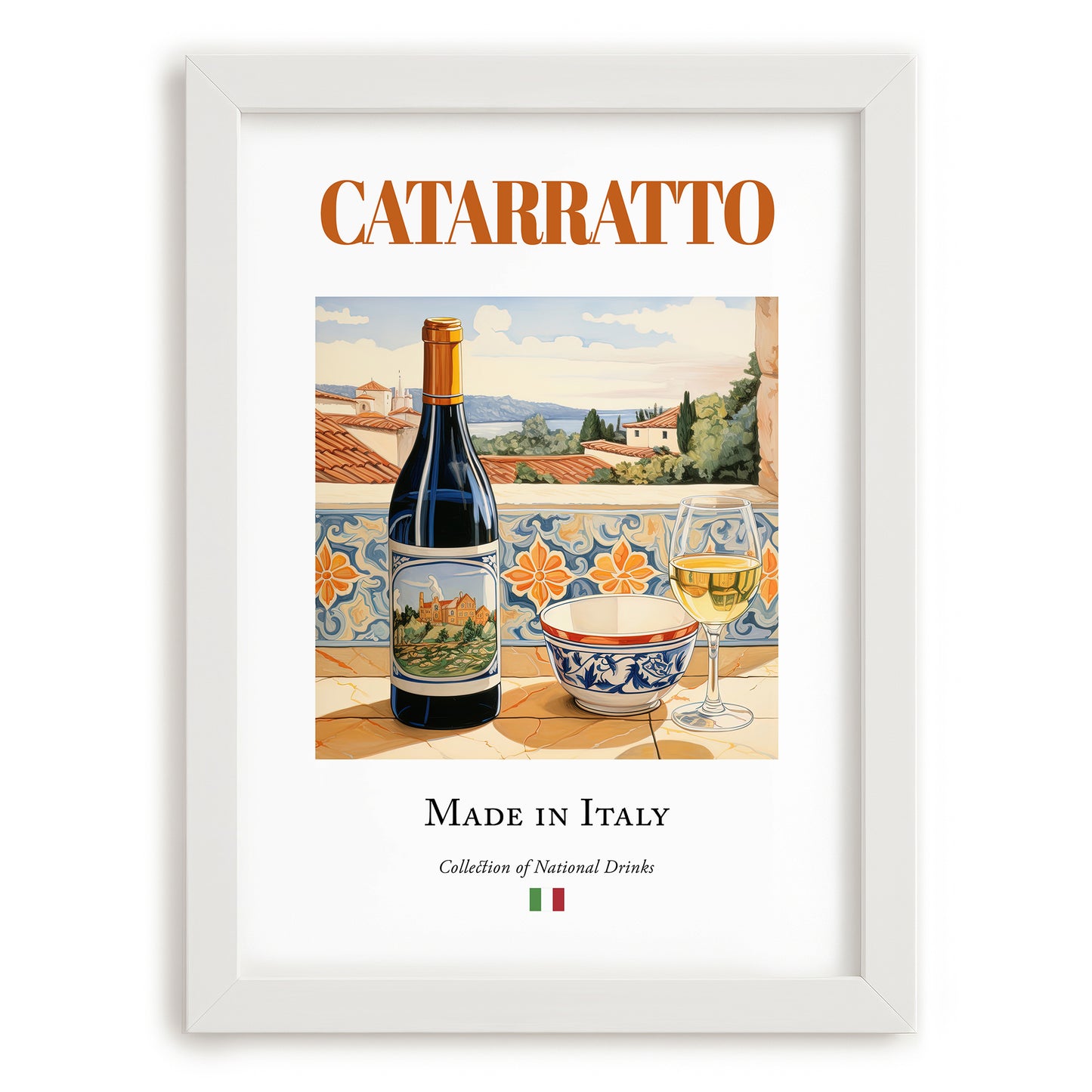 Catarratto – Italian White Wine, Wine Bar Illustration, placed in minimal white frame
