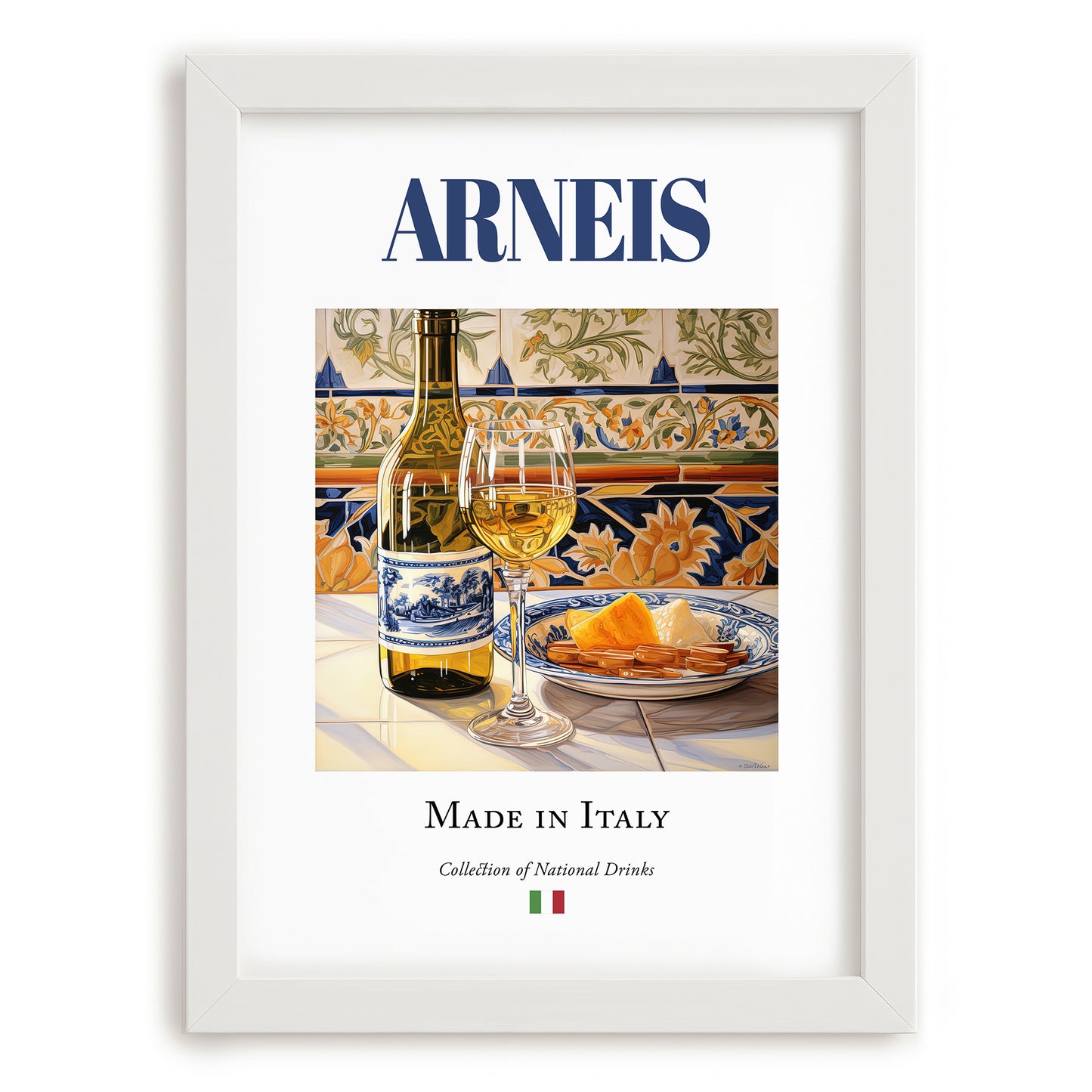 Arneis – Italian White Wine, Tasting Room Wall Art, placed in minimal white frame