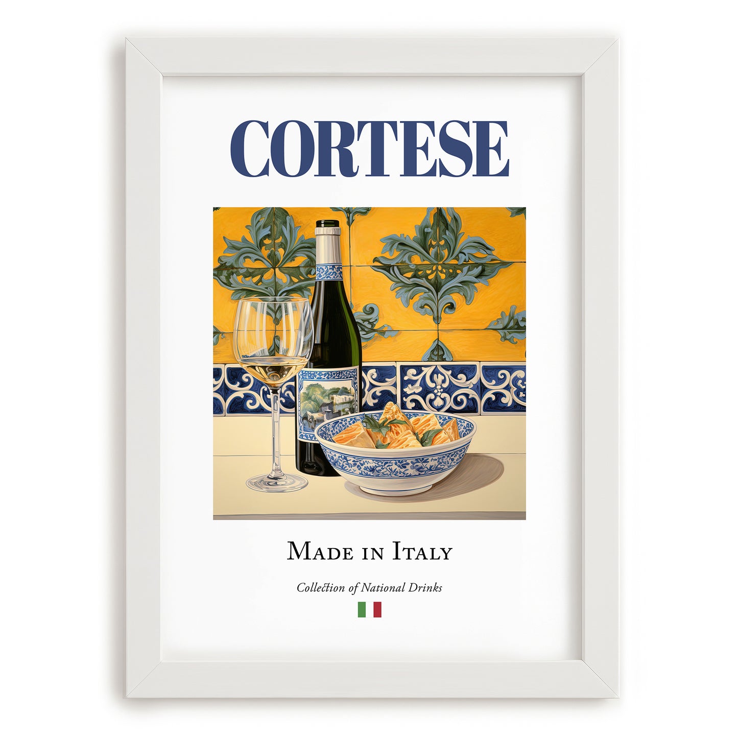 Cortese – Italian White Wine, Vinoteca Wall Decor, placed in minimal white frame