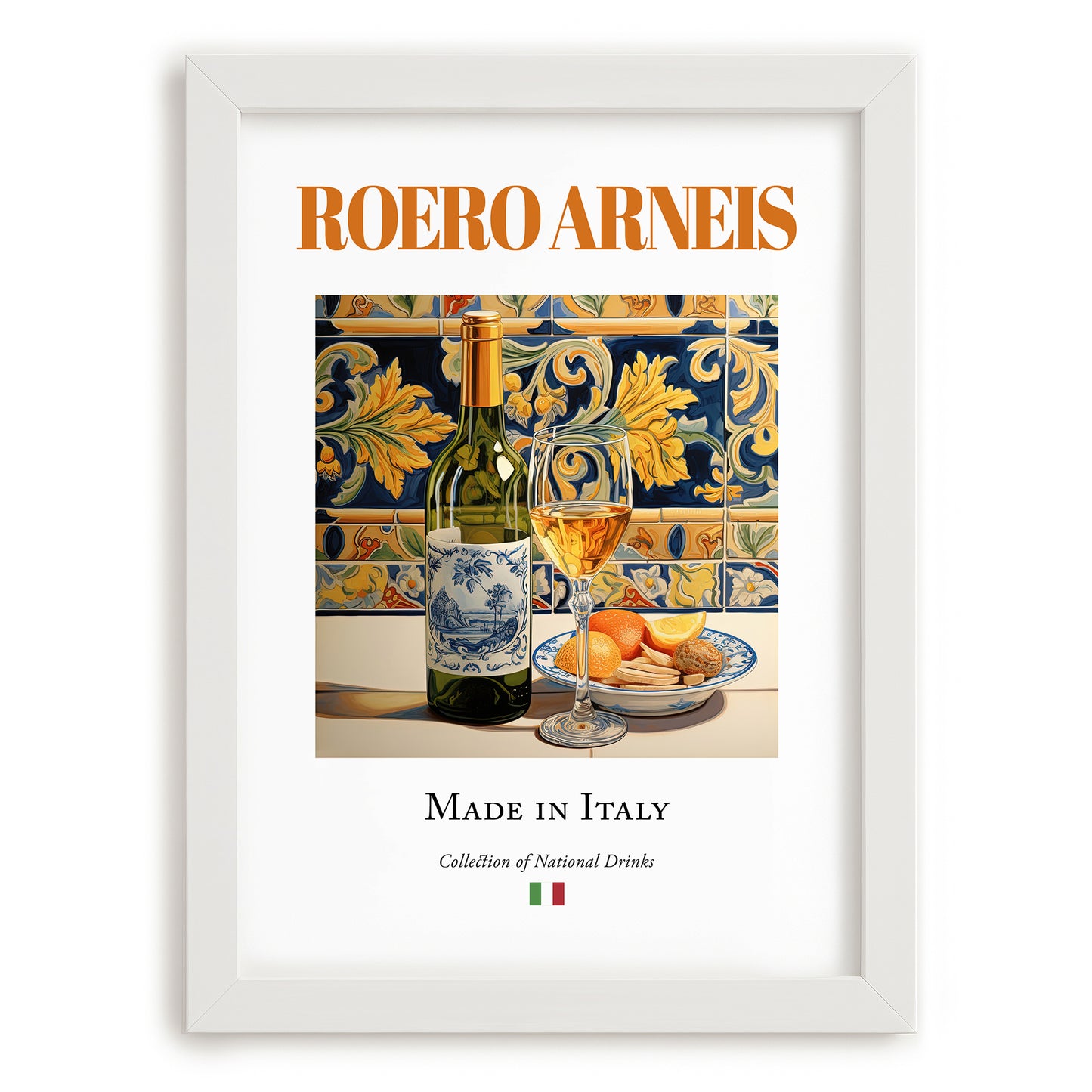 Roero Arneis – Italian White Wine, Bodega Still Life, placed in minimal white frame