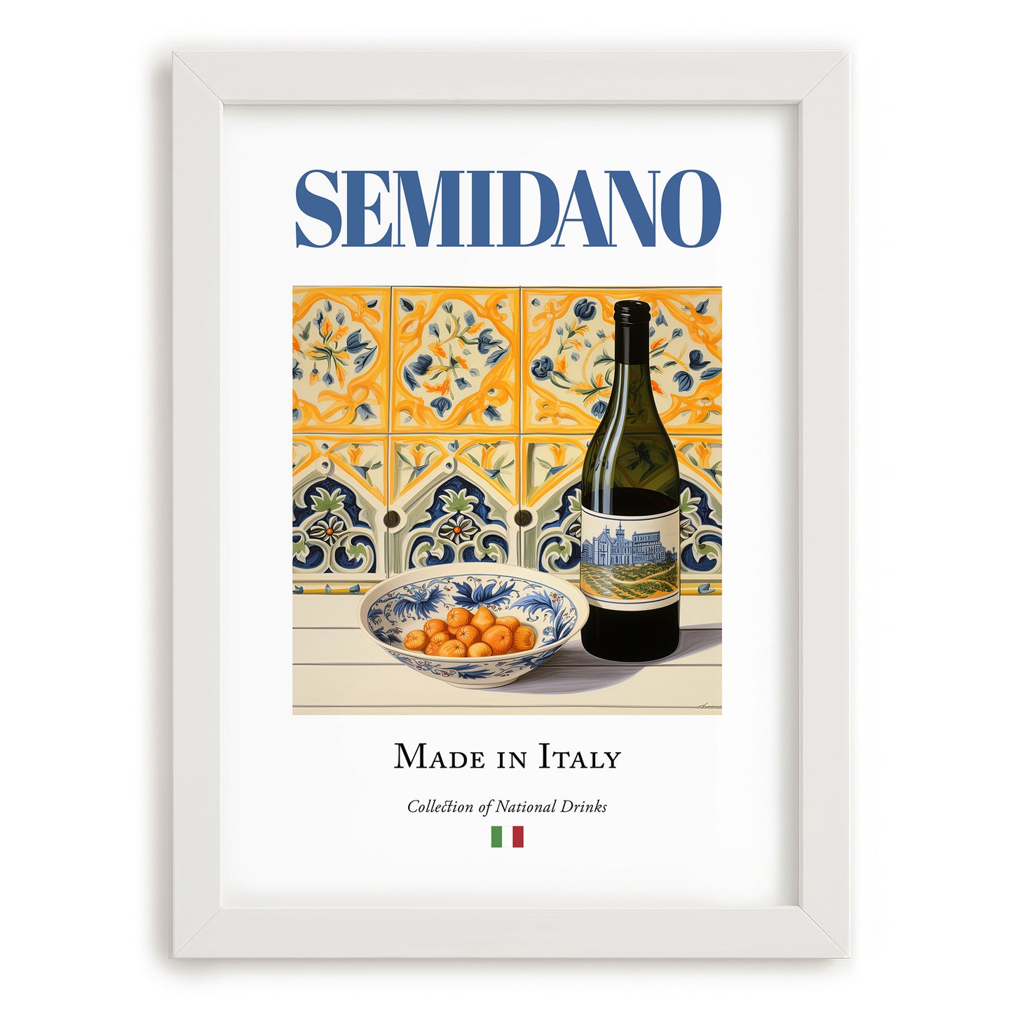 Semidano – Italian White Wine, Wine Bar Wall Decor, placed in minimal white frame