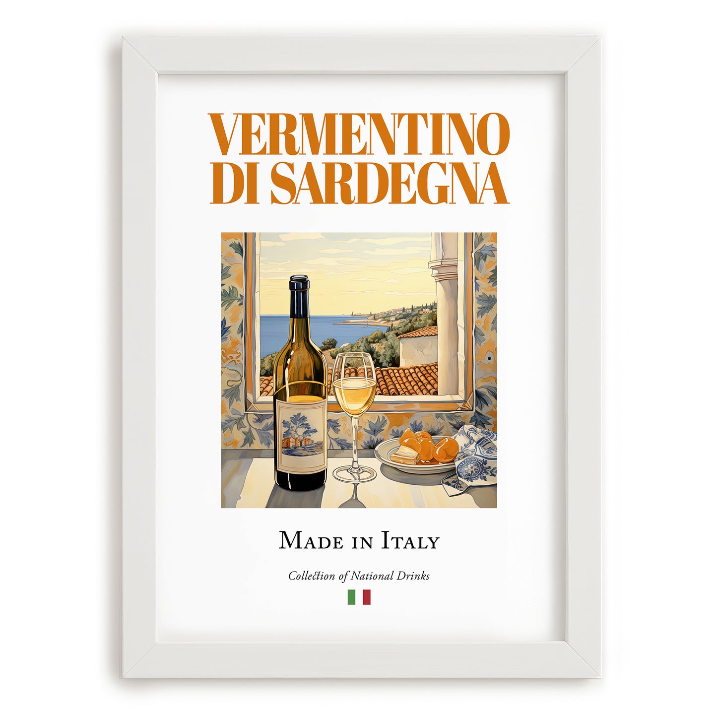 Vermentino di Sardegna – Italian White Wine, Vinoteca Poster, placed in minimal white frame