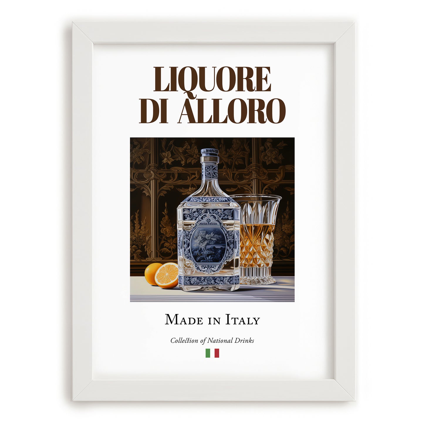 Liquore di alloro – Italian Liqueur Drink, Cocktail Lounge Still Life, placed in minimal white frame