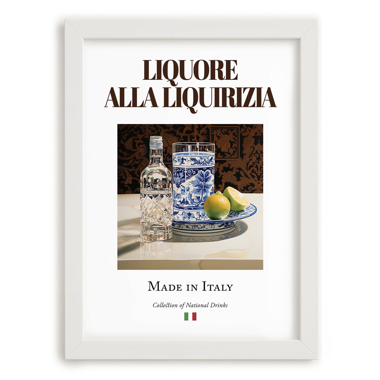 Liquore alla liquirizia – Italian Liqueur Drink, Rooftop Terrace Still Life, placed in minimal white frame