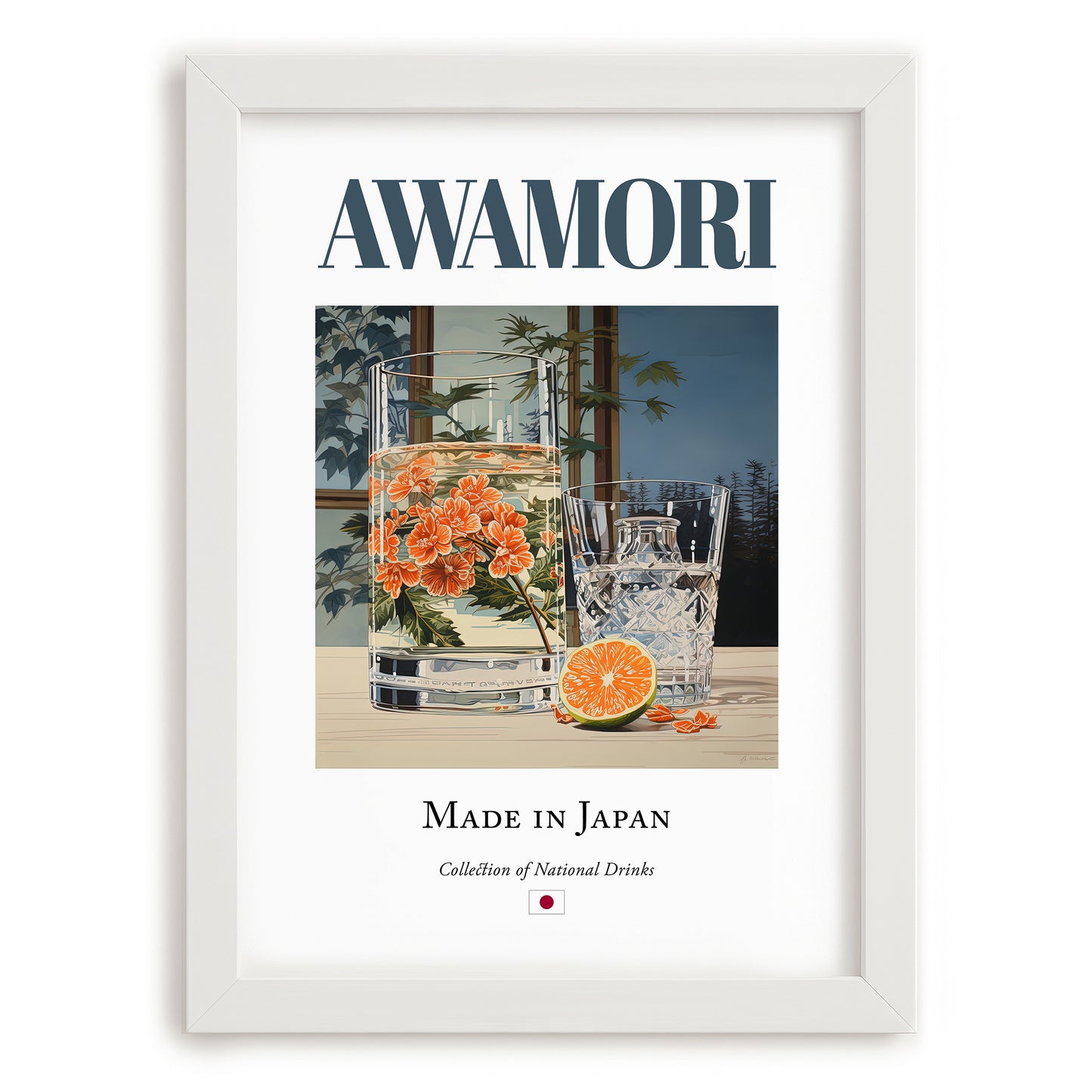 Awamori – Japanese Spirit Drink, Rooftop Terrace Print, placed in minimal white frame