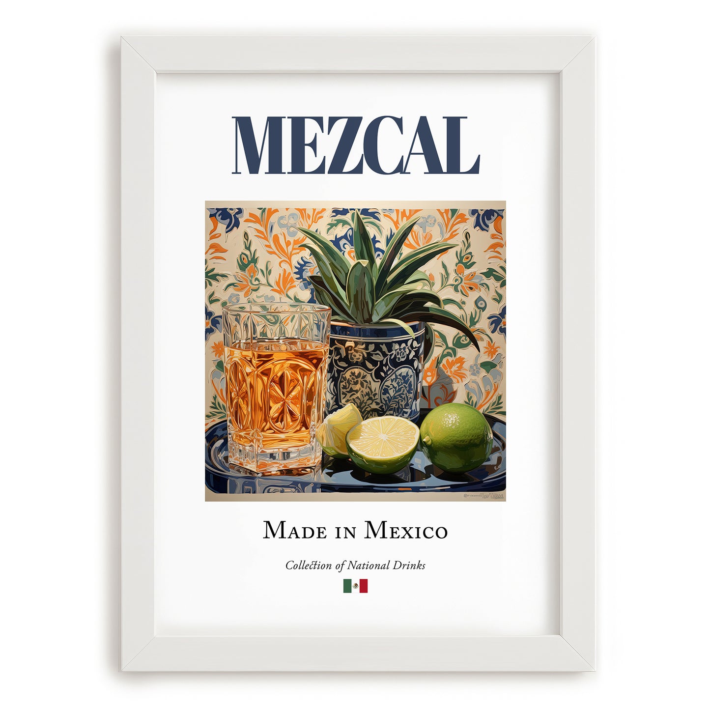 Mezcal – Mexican Spirit Drink, Cocktail Lounge Wall Art, placed in minimal white frame