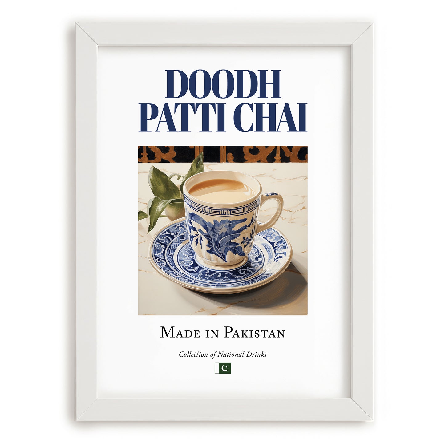 Doodh Patti Chai – Pakistani Tea, Tea Room Illustration, placed in minimal white frame