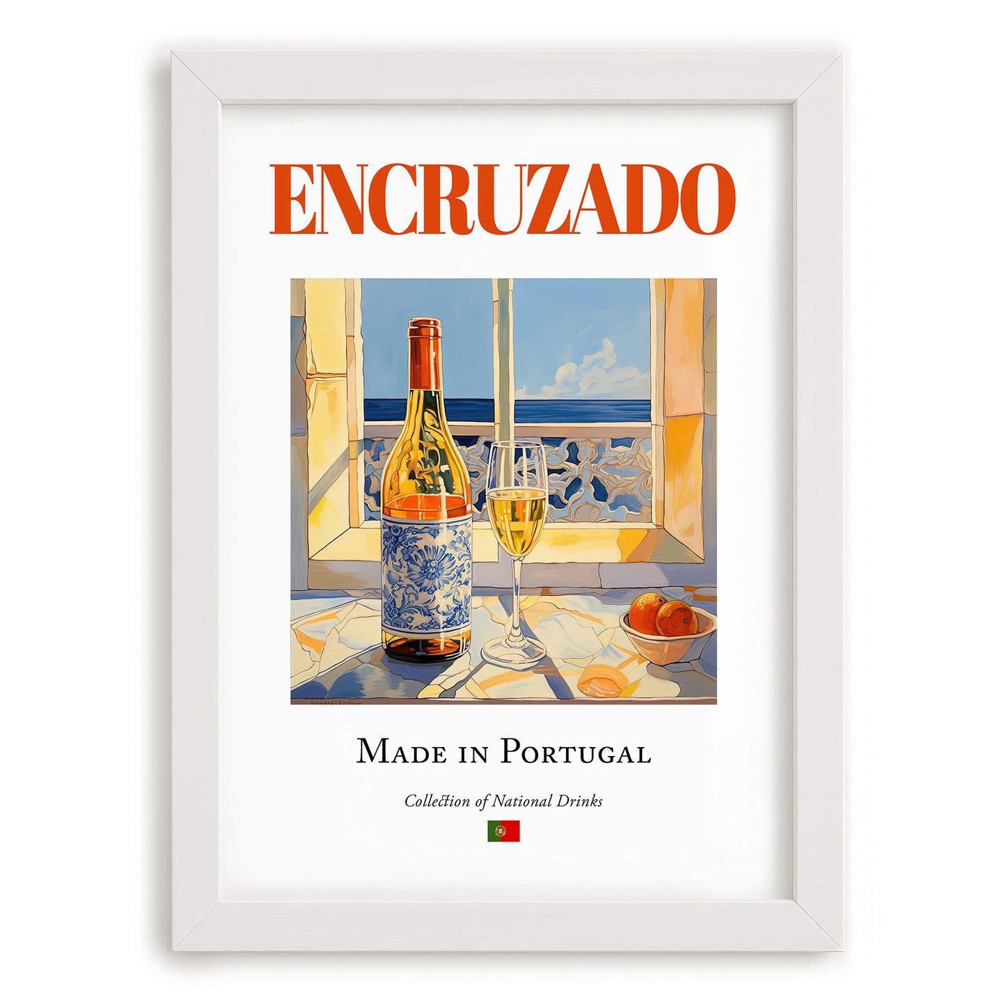 Encruzado – Portuguese White Wine, Bodega Wall Decor, placed in minimal white frame