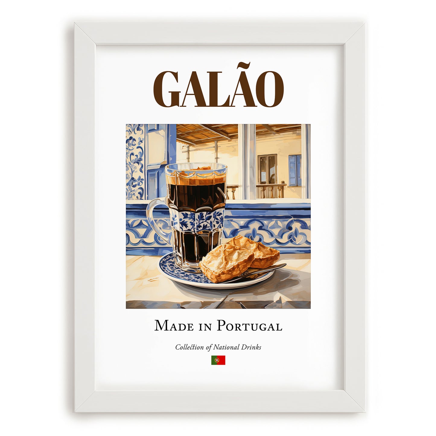 Galão – Portuguese Beverage Drink, Hotel Lobby Poster, placed in minimal white frame