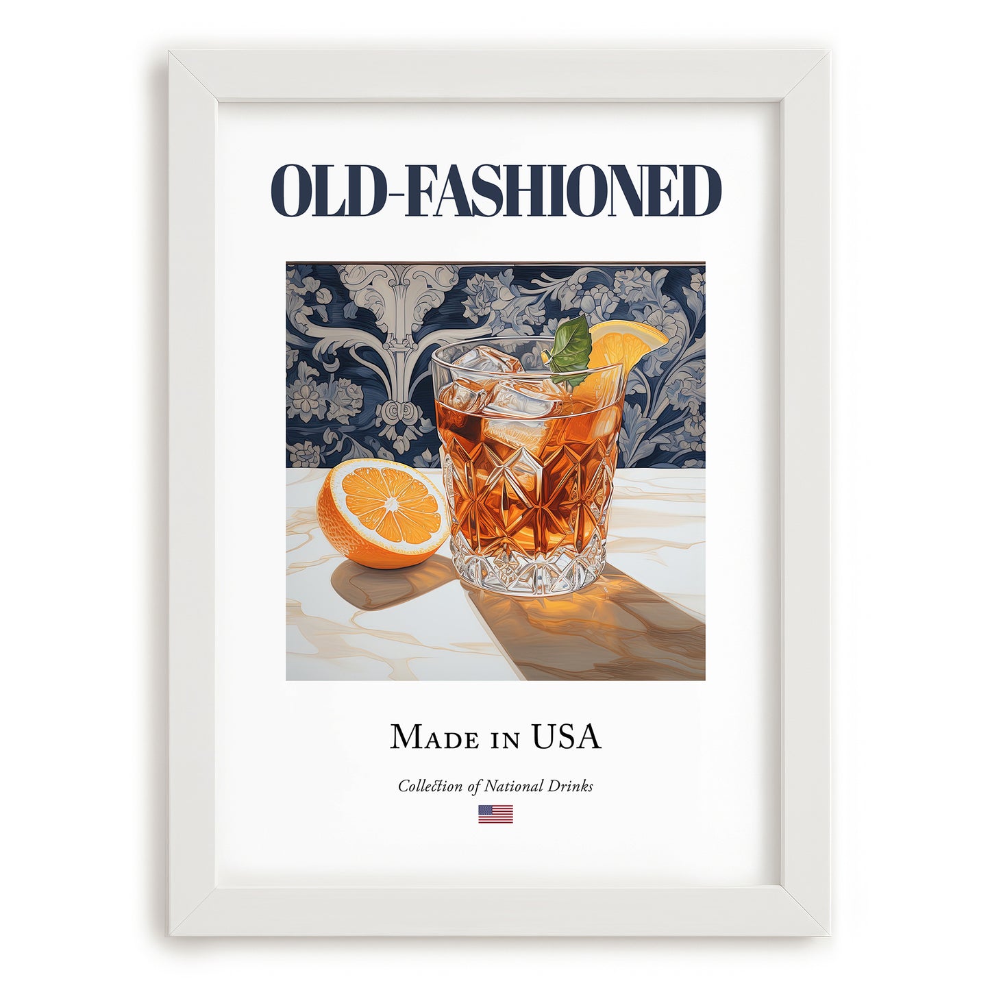Old-Fashioned – American Cocktail Drink, Hotel Lobby Wall Art, placed in minimal white frame