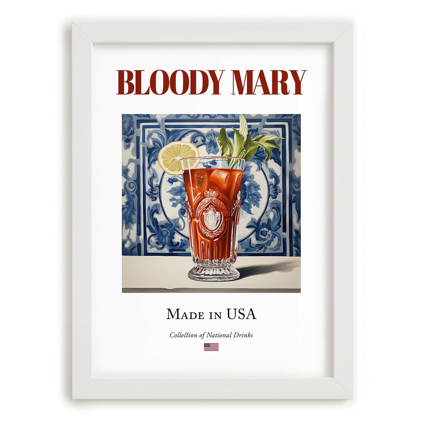 Bloody Mary – American Cocktail Drink, Beach Bar Illustration, placed in minimal white frame
