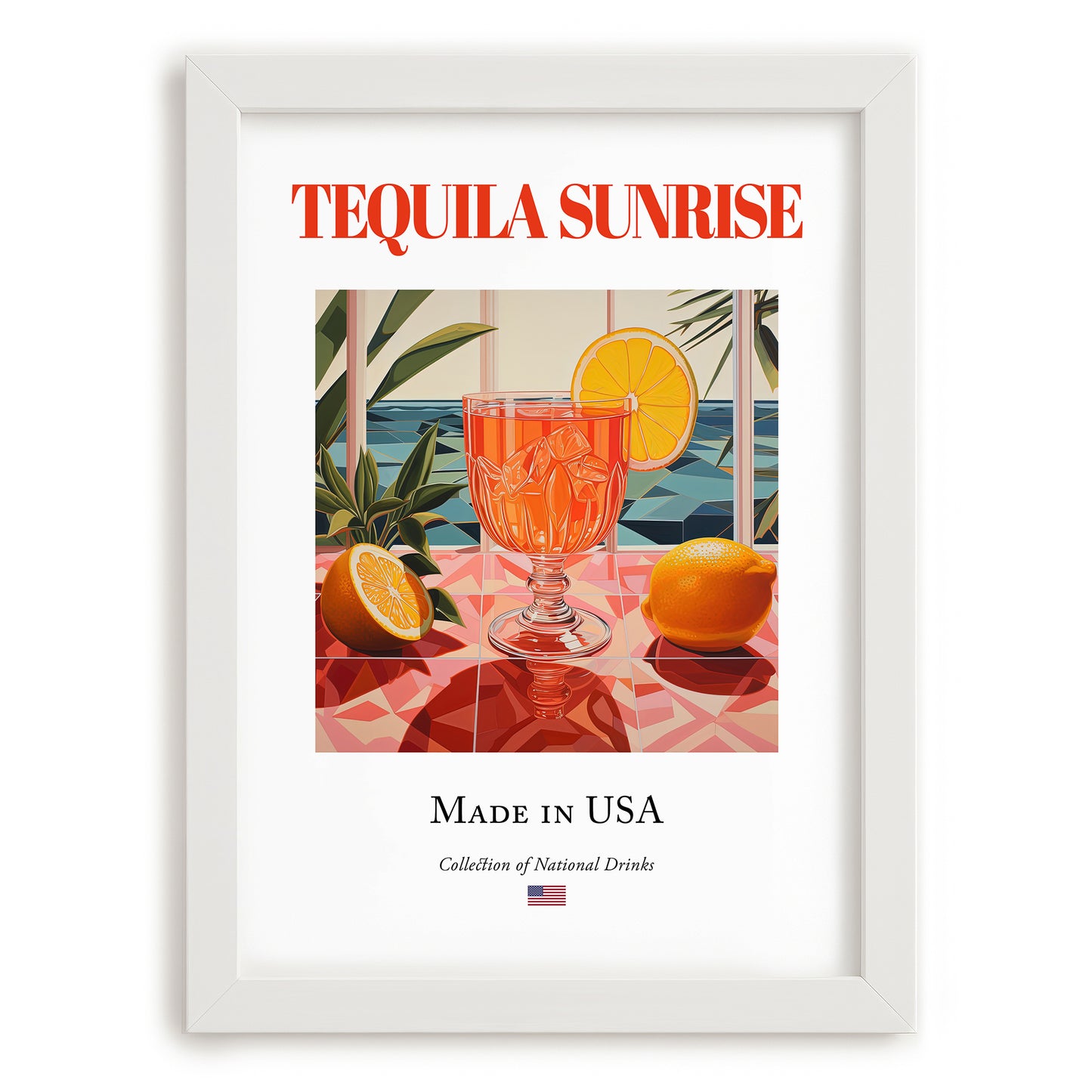 Tequila Sunrise – American Cocktail Drink, Rooftop Terrace Poster, placed in minimal white frame