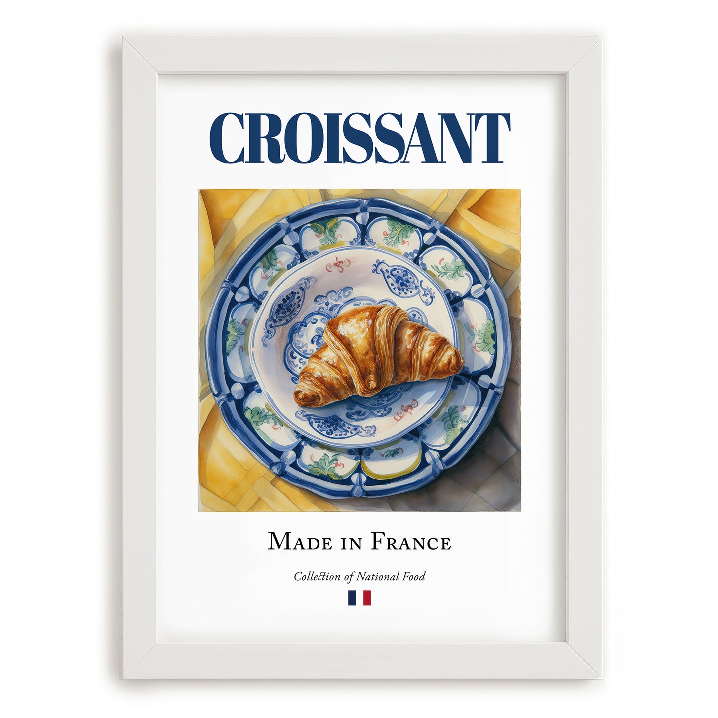 Croissant – French Bread Dish, Farmhouse Kitchen Wall Art, placed in minimal white frame