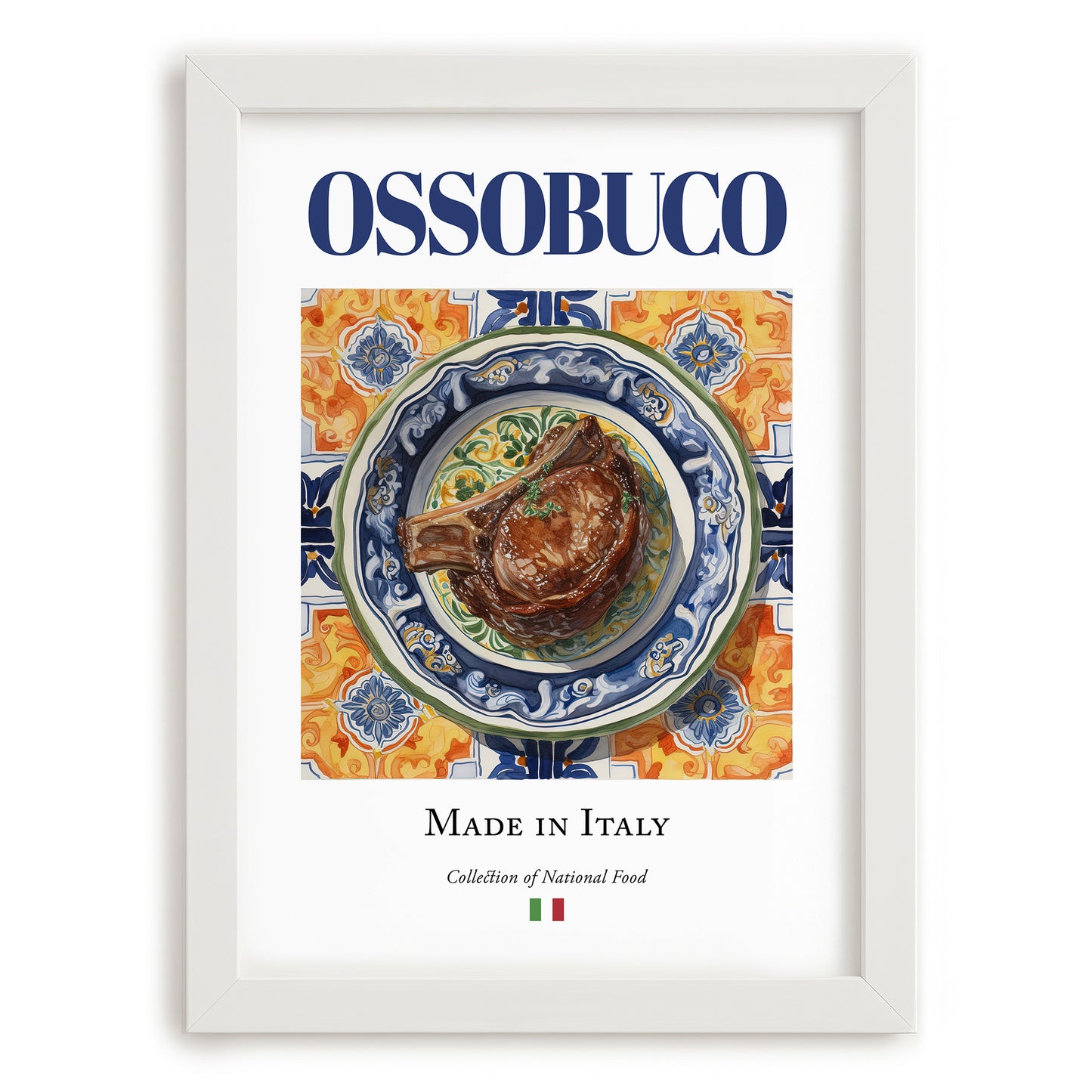 Ossobuco – Italian Meat Dish, Tavern Illustration, placed in minimal white frame