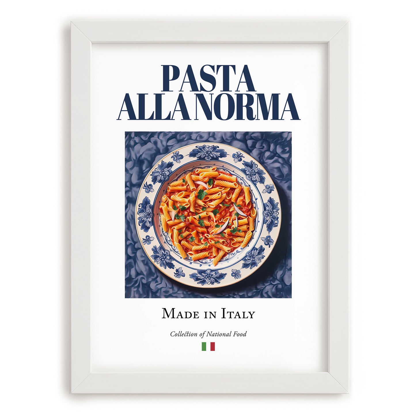 Pasta alla Norma – Italian Pasta, Osteria Wall Art, placed in minimal white frame