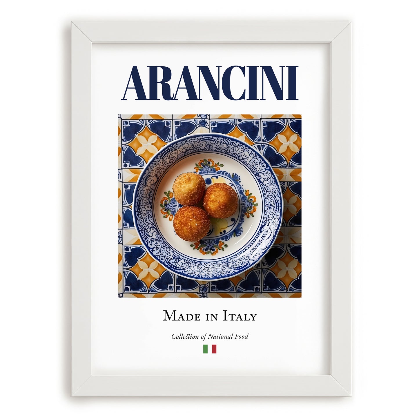 Arancini – Italian Snack Dish, Farmhouse Kitchen Poster, placed in minimal white frame