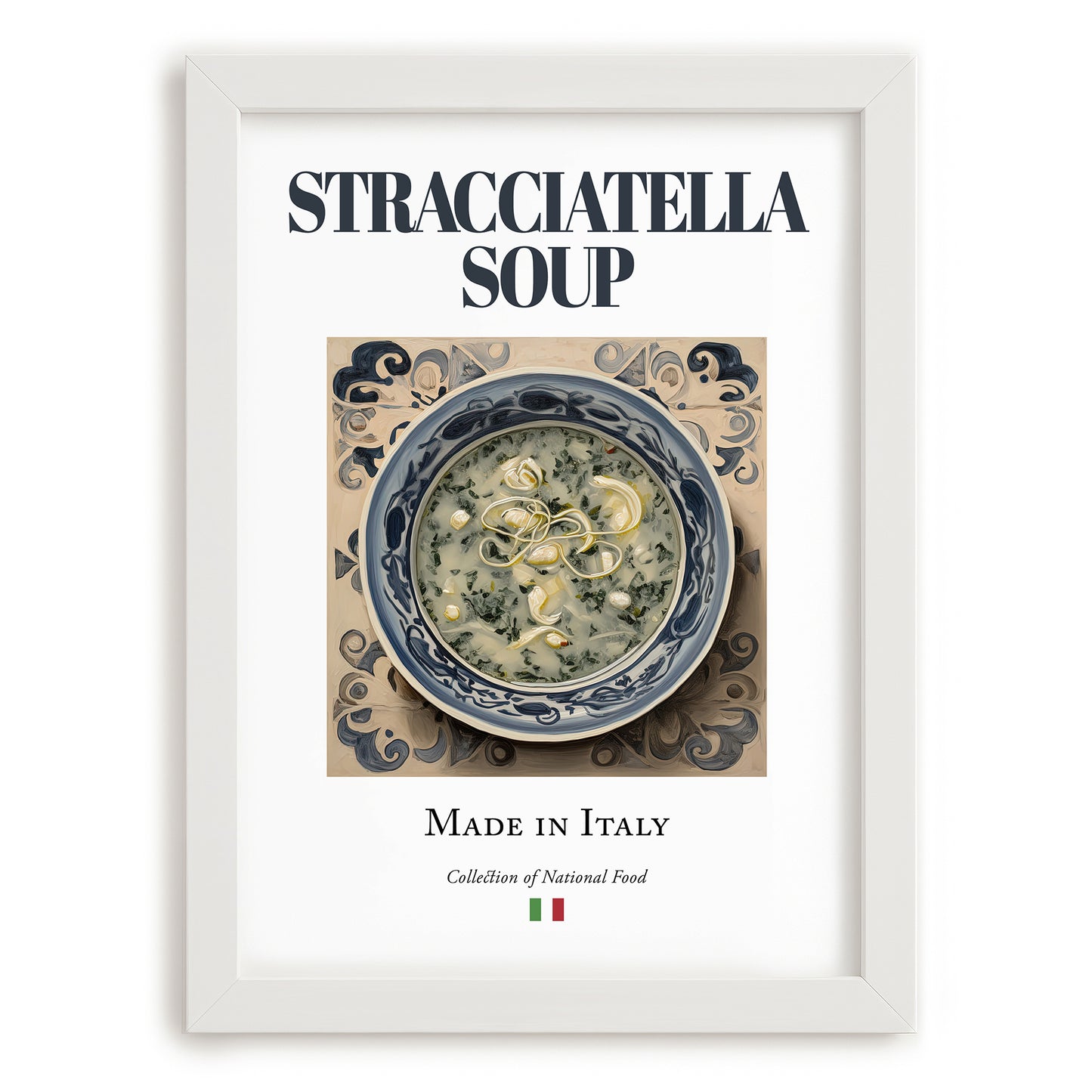 Stracciatella Soup – Italian Soup Dish, Bistro Wall Decor, placed in minimal white frame