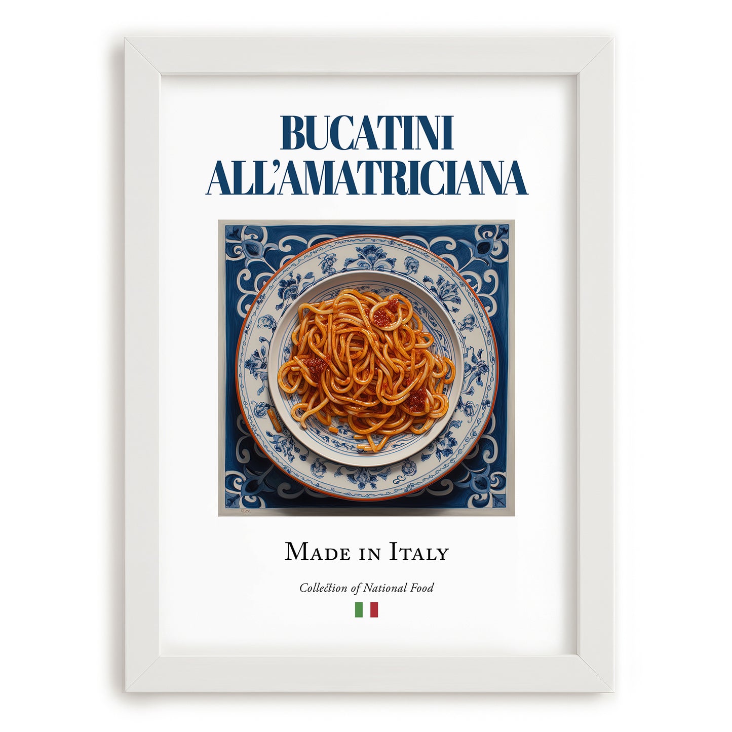 Bucatini all'Amatriciana – Italian Pasta, Trattoria Painting, placed in minimal white frame