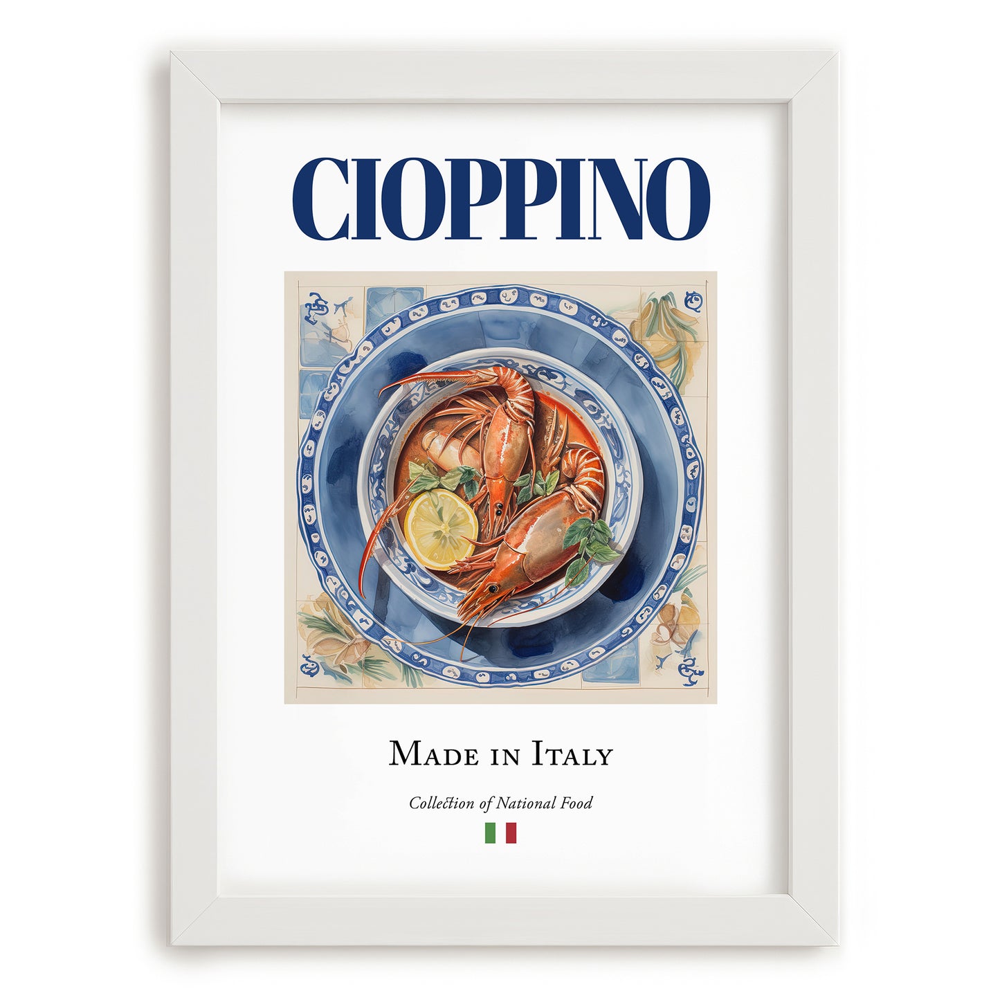 Cioppino – Italian Soup Dish, Restaurant Poster, placed in minimal white frame